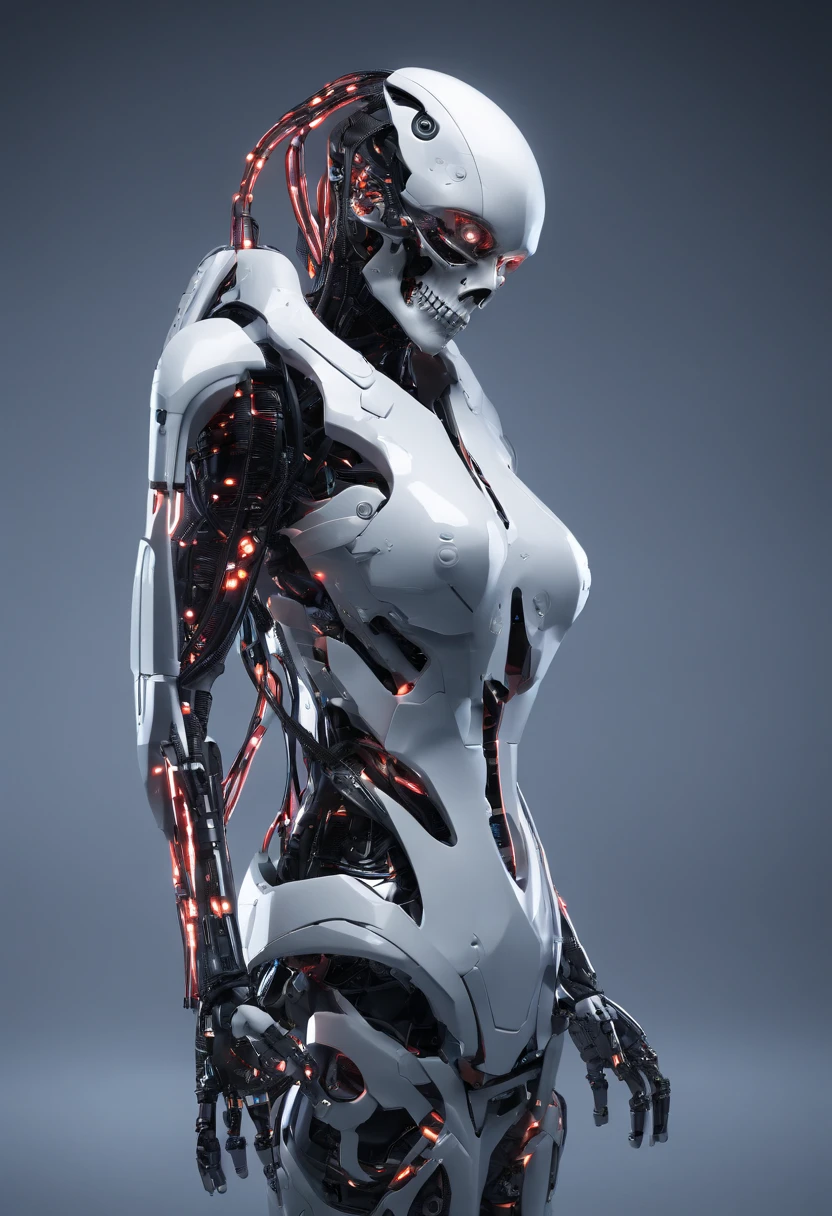 Cyborg Woman, (((Half Female Face, Half Robot Skull))), (((Flesh-colored skin))), Electronic Systems On-Head Humanoids, Detailed Brain in Sight, Detailed connection wire, mechanical limbs, tubes connected to the mechanical parts, mechanical vertebrae attached to the spine, mechanical cervical attachment to the neck, wires and cables connecting to the head, (((Led on a surgical Bed))), (((Cables Connecting to Monitors))), (((machine installing parts to the head))) | Biopunk | Cybernetics | Cyberpunk | | Canon M50| 100mm| Sharp Focus | Hyperrealism | Very detailed| Intricate Details | Full Body View, small glowing LED lamps, Bright Red Neon Highlights, global lighting, deep shadows, Octane Rendering, 8K, Ultra Sharp, Metal, Intricate Ornament Details, baroque details, Very intricate details, realistic light, CGSoation trend, facing the camera, neon details, (android manufactory in background)