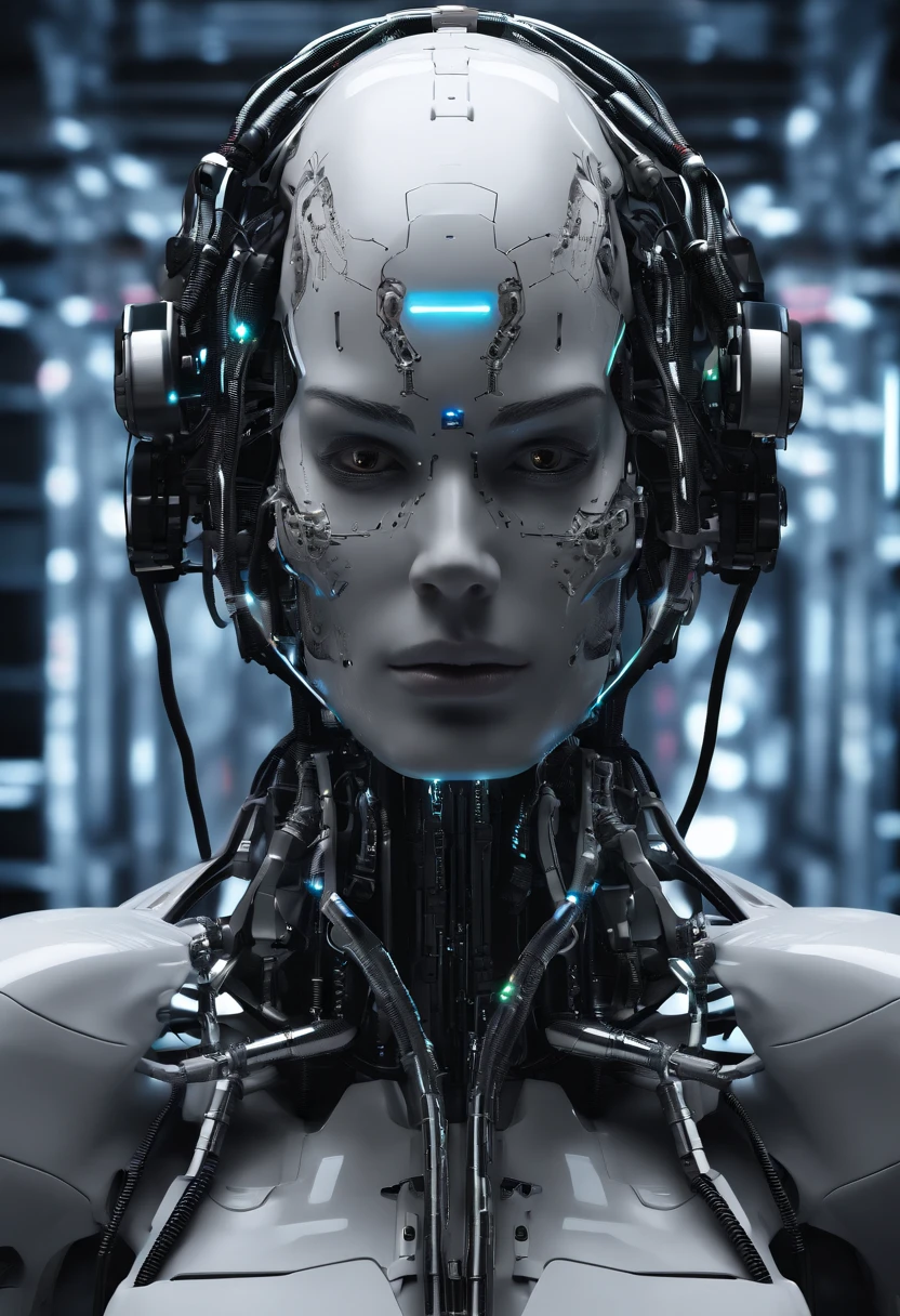 Cyborg Woman, (((Half Female Face, Half Robot Skull))), (((Flesh-colored skin))), Electronic Systems On-Head Humanoids, Detailed Brain in Sight, Detailed connection wire, mechanical limbs, tubes connected to the mechanical parts, mechanical vertebrae attached to the spine, mechanical cervical attachment to the neck, wires and cables connecting to the head, (((Led on a surgical Bed))), (((Cables Connecting to Monitors))), (((machine installing parts to the head))) | Biopunk | Cybernetics | Cyberpunk | | Canon M50| 100mm| Sharp Focus | Hyperrealism | Very detailed| Intricate Details | Full Body View, small glowing LED lamps, Bright Red Neon Highlights, global lighting, deep shadows, Octane Rendering, 8K, Ultra Sharp, Metal, Intricate Ornament Details, baroque details, Very intricate details, realistic light, CGSoation trend, facing the camera, neon details, (android manufactory in background)