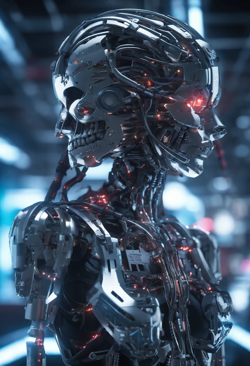Cyborg Woman, (((Half Female Face, Half Robot Skull))), (((Flesh-colored skin))), Electronic Systems On-Head Humanoids, Detailed Brain in Sight, Detailed connection wire, mechanical limbs, tubes connected to the mechanical parts, mechanical vertebrae attached to the spine, mechanical cervical attachment to the neck, wires and cables connecting to the head, (((Led on a surgical Bed))), (((Cables Connecting to Monitors))), (((machine installing parts to the head))) | Biopunk | Cybernetics | Cyberpunk | | Canon M50| 100mm| Sharp Focus | Hyperrealism | Very detailed| Intricate Details | Full Body View, small glowing LED lamps, Bright Red Neon Highlights, global lighting, deep shadows, Octane Rendering, 8K, Ultra Sharp, Metal, Intricate Ornament Details, baroque details, Very intricate details, realistic light, CGSoation trend, facing the camera, neon details, (android manufactory in background)