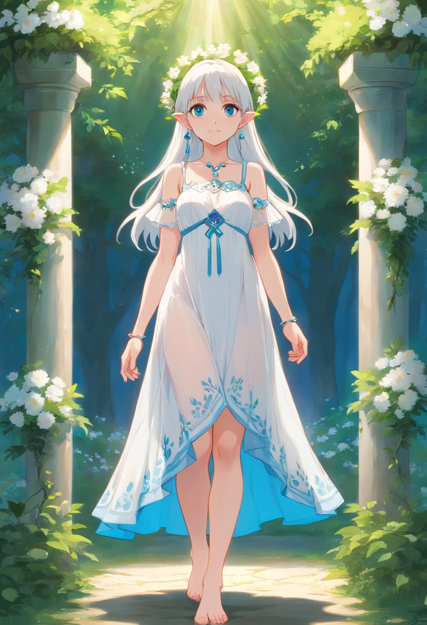 Elf Girl, white hair, long hair, blue eyes, earrings, standing, white Greece dress, translucent dress, wreath, barefoot, ankle bracelets
