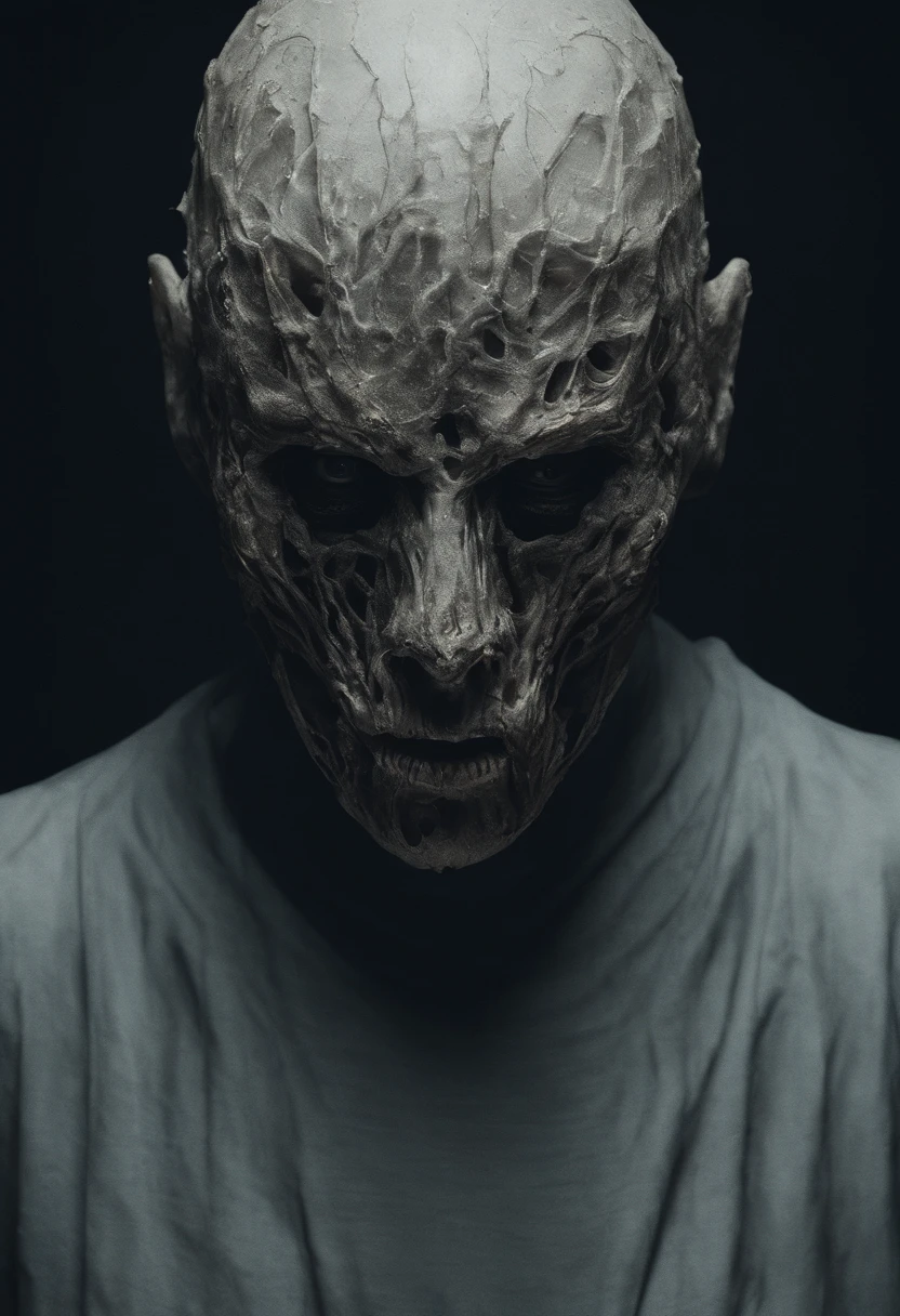 Stunning surreal art: front view emotional formless bizarre humanoid beggar face mask floating in darkness, vogue and Gucci style, minimalism photo, minimalistic, porosity, intricate details, rough texture, colorful top light, perfect crop, volumetric, super detailed, octane render, cinematic lighting, film grain