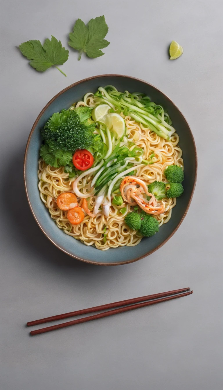Intermediate noodles,The spatial environment is surrounded by flowers and plants, and the viewing angle is horizontal
