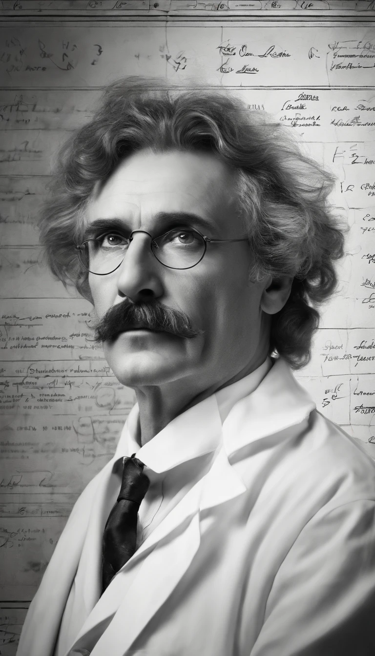 (super-detailed face, realistic lighting, vivid colors, high-resolution painting:1.1), genius, physics, blackboard, messy hair, intense gaze, iconic pose, aged, white lab coat, iconic mustache, deep wrinkles, piercing eyes, wise expression, scientific equations, historical figure, mathematical formulas, abstract background, scientific discovery, revolutionary scientist, black and white style