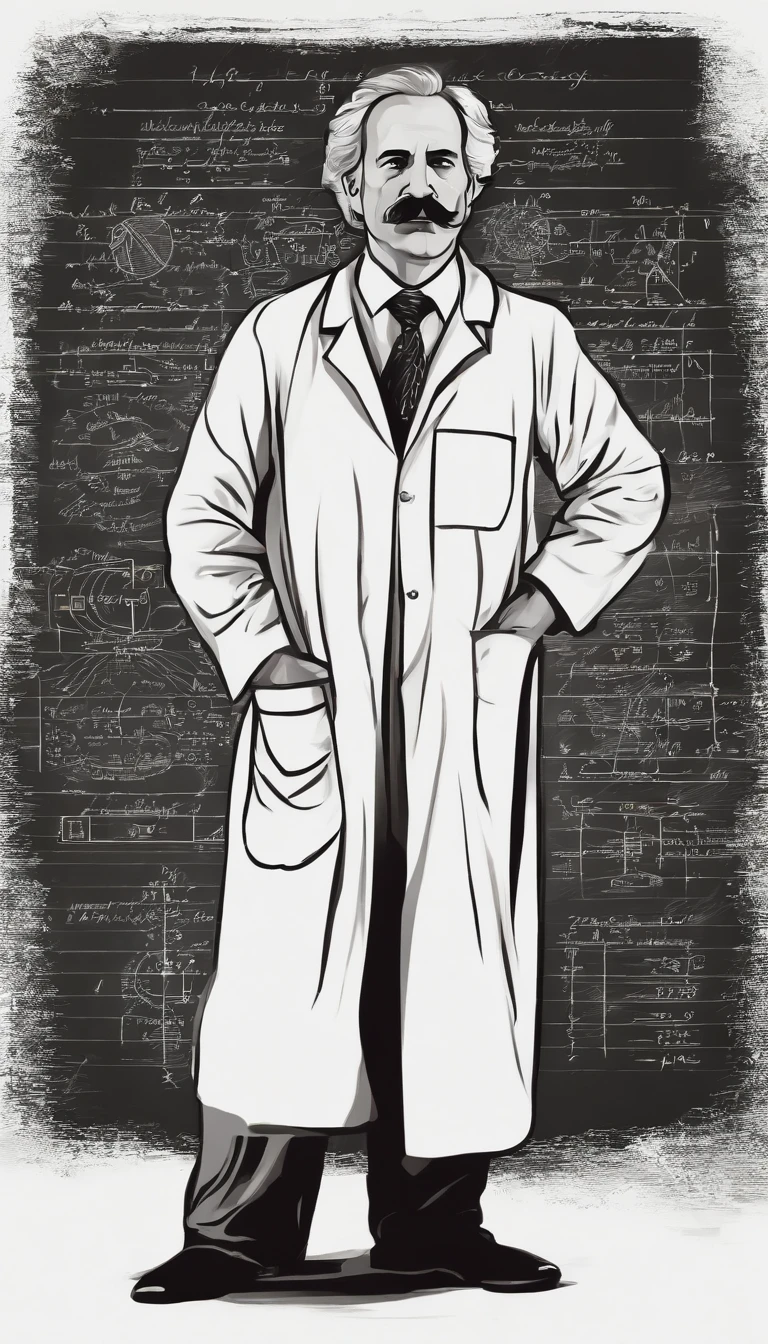 (super-detailed face, realistic lighting, vivid colors, high-resolution painting:1.1), genius, physics, blackboard, messy hair, intense gaze, iconic pose, aged, white lab coat, iconic mustache, deep wrinkles, piercing eyes, wise expression, scientific equations, historical figure, mathematical formulas, abstract background, scientific discovery, revolutionary scientist, black and white style