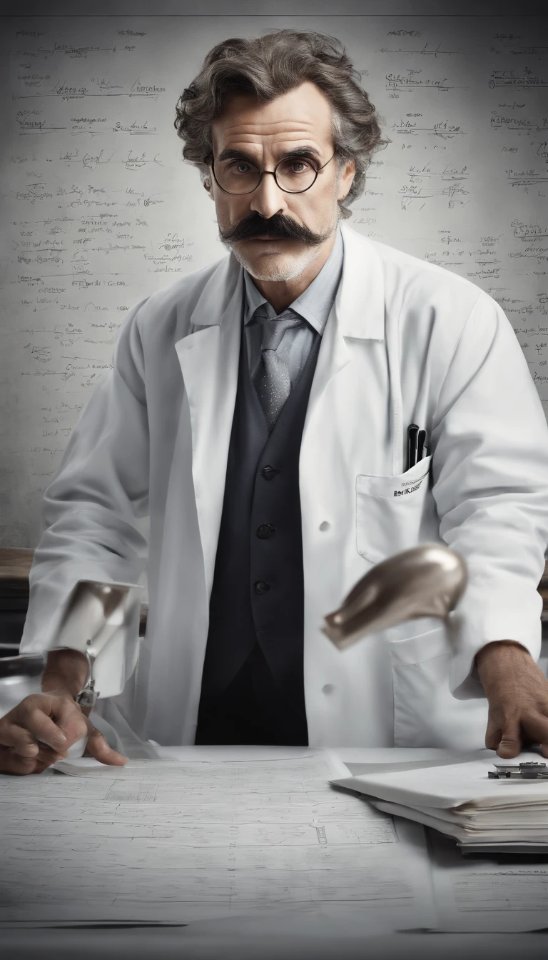 (super-detailed face, realistic lighting, vivid colors, high-resolution painting:1.1), genius, physics, blackboard, messy hair, intense gaze, iconic pose, aged, white lab coat, iconic mustache, deep wrinkles, piercing eyes, wise expression, scientific equations, historical figure, mathematical formulas, abstract background, scientific discovery, revolutionary scientist, black and white style