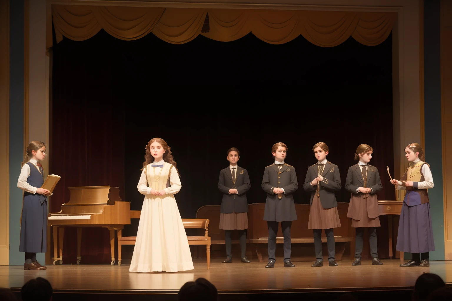 Year: 2012. Location: North River Heights, Manhattan. ((very wide view)) pre-raphaelite 15-year-olds, onstage in the distance, from the audience perspective, school theatre play, 1901 costume, ovation, ((colorful)), ((2010s hairstyle)) ((in the style of "OMITB")) ((cinematic style))