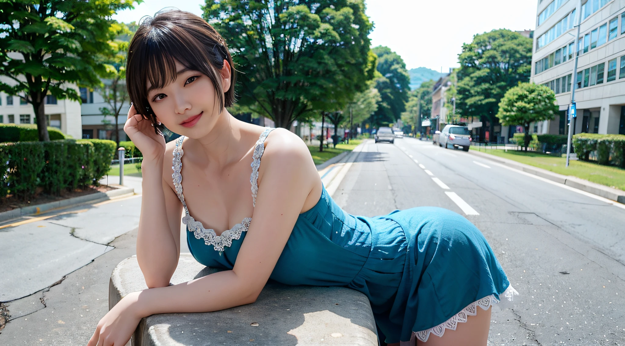 Woman posing on street corner in green dress、top-quality、 1 a person、large full breasts、tag、with light glowing、Blur background、bokeh dof、outside of house、(street:0.8)、(a person々、crowd:1)、(lace-trimmed)doress:1.5、sleeveless dress、Water-colored suit、doress:1.2、Blue Dress:1.5)、a gorgeous(short-hair、forehead:1.2)、Beautiful sky with details、耳Nipple Ring、(dynamicposes:1.2)、 (The upper part of the body:0.8)、Soft lighting、the wind、glowy skin、a smile、