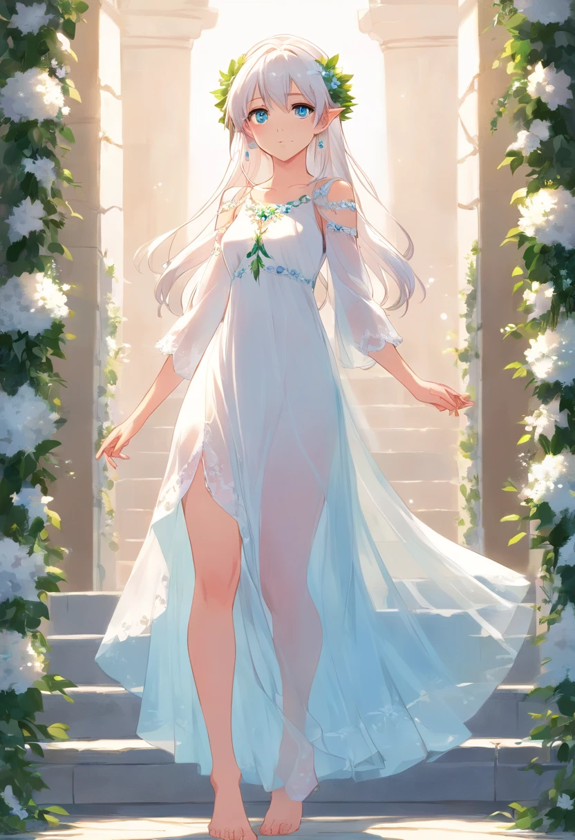 Elf Girl, white hair, long hair, blue eyes, earrings, standing, white Greece dress, translucent dress, wreath, barefoot, ankle bracelets
