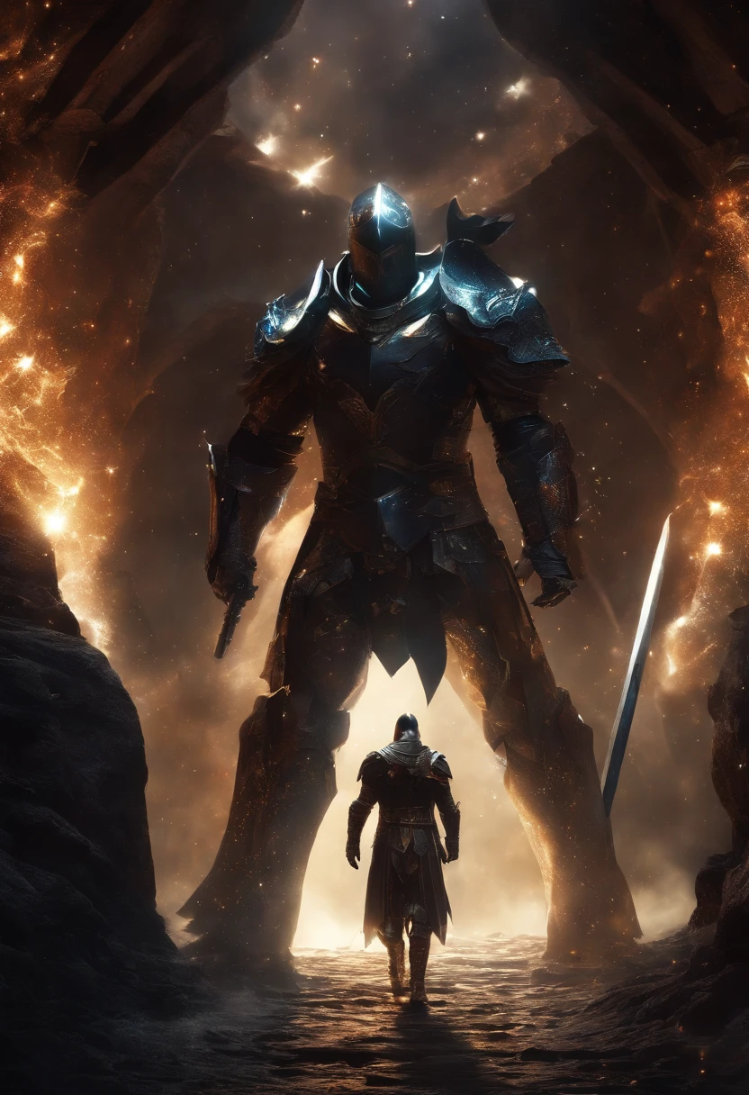 Cosmic Fallen Knight, olhos claros brilhante, estranho, assustador, Pesadelo, cores muito brilhantes, light particles, com luz brilhante, Mshiff, Arte do papel de parede, Papel de parede UHD