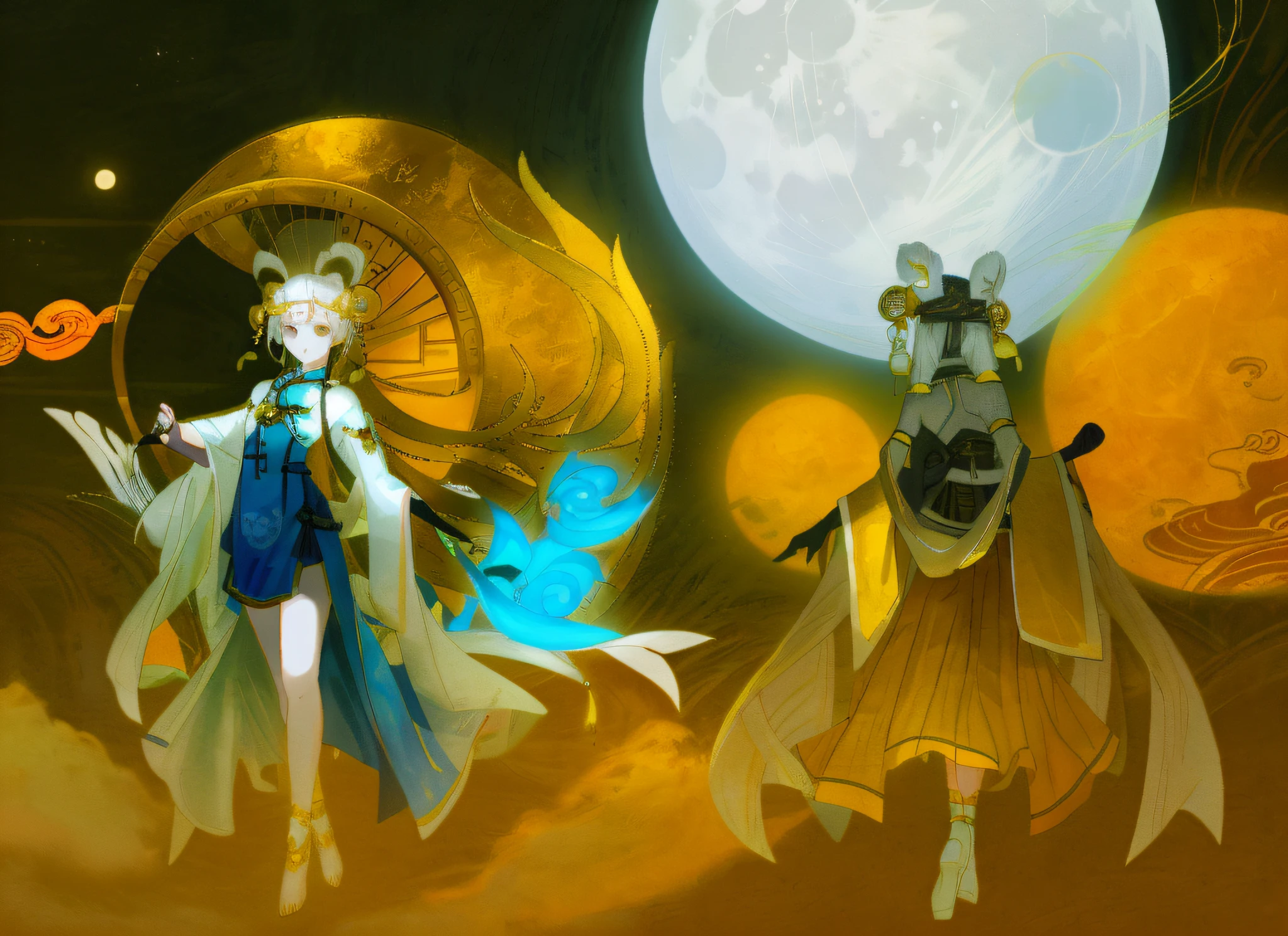 A young girl with white hair, the god of the moon, traditional Chinese clothing of white, blue, and black, adorned with gold and silver accessories, suspended in the air, surrounded by moon wheel magic tools behind her, reflecting the energy and brightness of the moon wheel when casting spells and attacking, with a trendy national style,