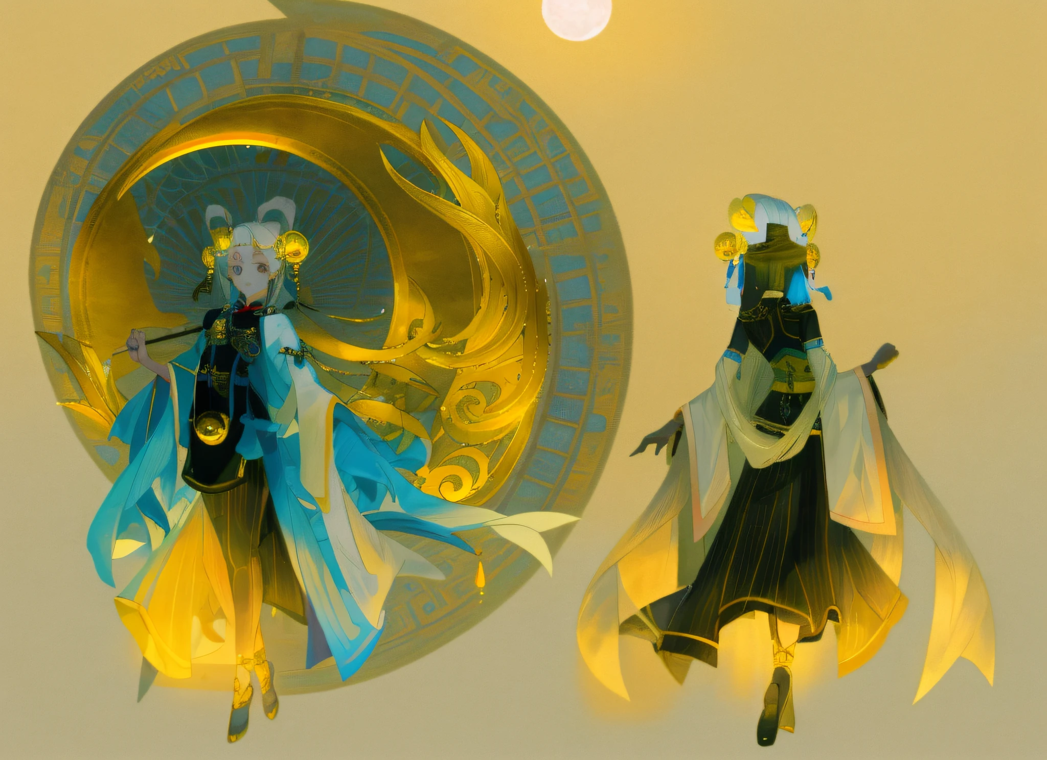 A young girl with white hair, the god of the moon, traditional Chinese clothing of white, blue, and black, adorned with gold and silver accessories, suspended in the air, surrounded by moon wheel magic tools behind her, reflecting the energy and brightness of the moon wheel when casting spells and attacking, with a trendy national style,