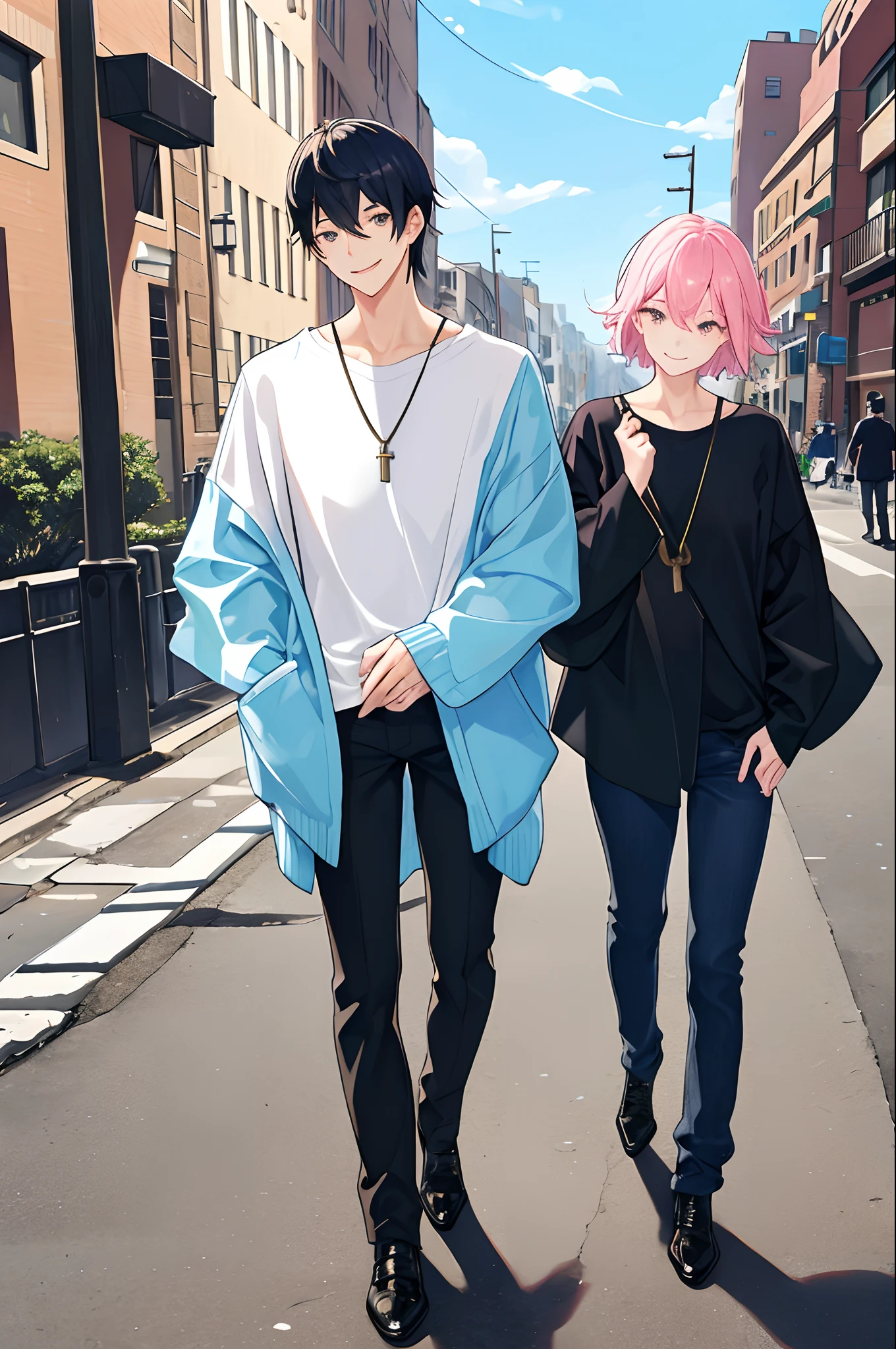 masterpiece, top-quality, 2Others, a couple, 1 man and 1, Adults, Same length, different fashion, different color, finely eye and detailed face, intricate detailes, Casual clothing, Oversized shirt, Modern urban streets, Hands on back, A smile, Happiness, tenderness