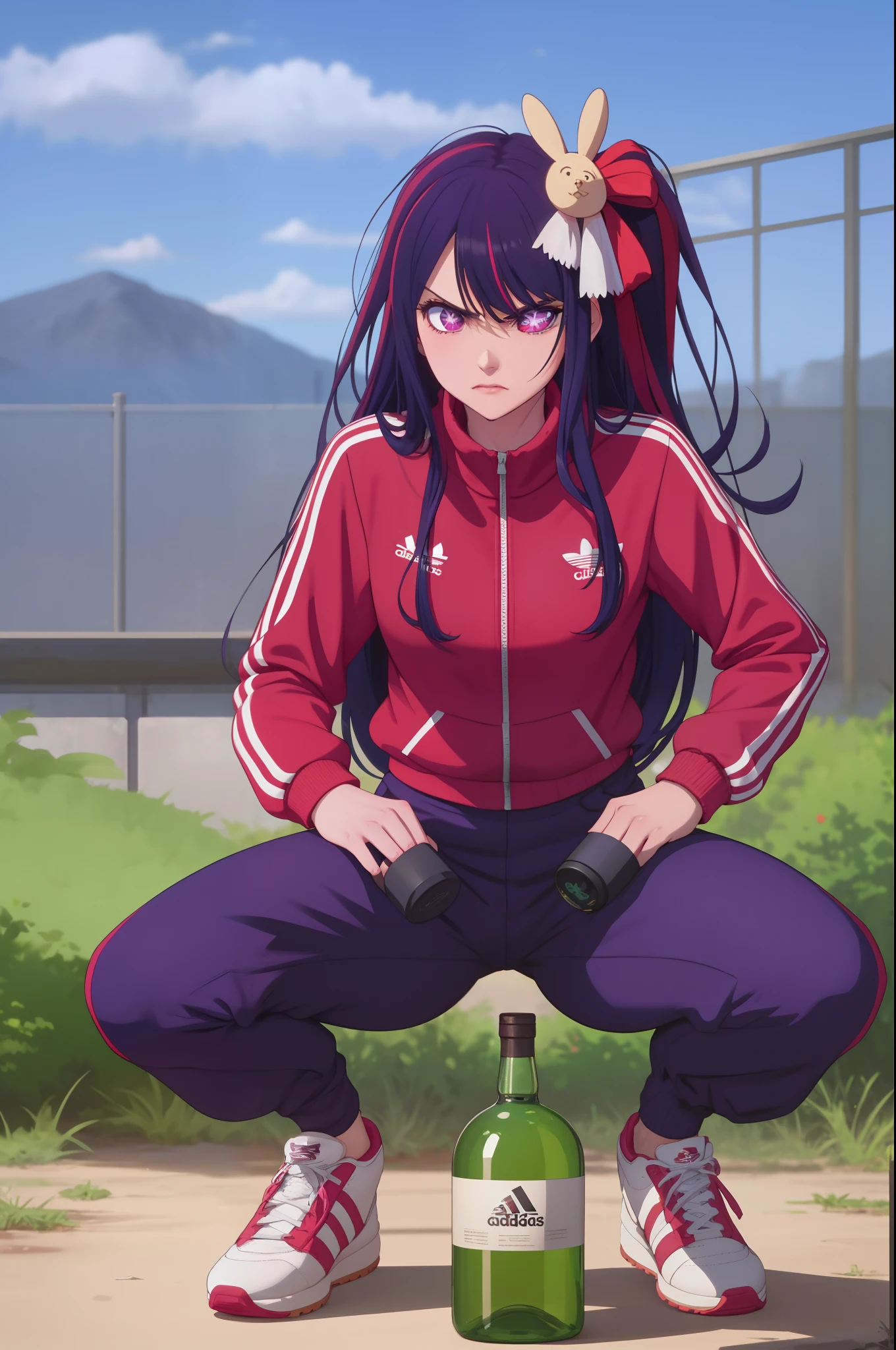 a very confidant badass arrogant cocky boss bitch attitude very drunk and wasted Hoshino Ai, long hair, purple hair, streaked hair ,purple eyes, star-shaped pupils, hair ornament, wearing adidas tracksuit slav squatting with both of her hands in her pants pockets with a mean face with a bottle of whisky next to her