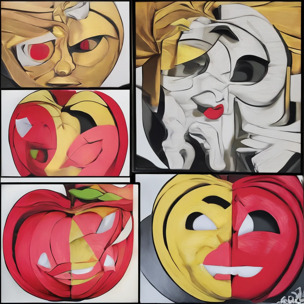 an apple, Left half {Fresh half} and the right half {The Rotten Half}, 2 sides of the image, In the style of Todd MacFarlane, Mirror Worlds, Close-up intensity, Detailed comic book art, light gold and red, Large-scale impact on the canvas, Flawless line operation, Strong shading, Epic, Realistic depiction of light, 8K resolution, Mastery of chiaroscuro —AR 21:9 —from 1000