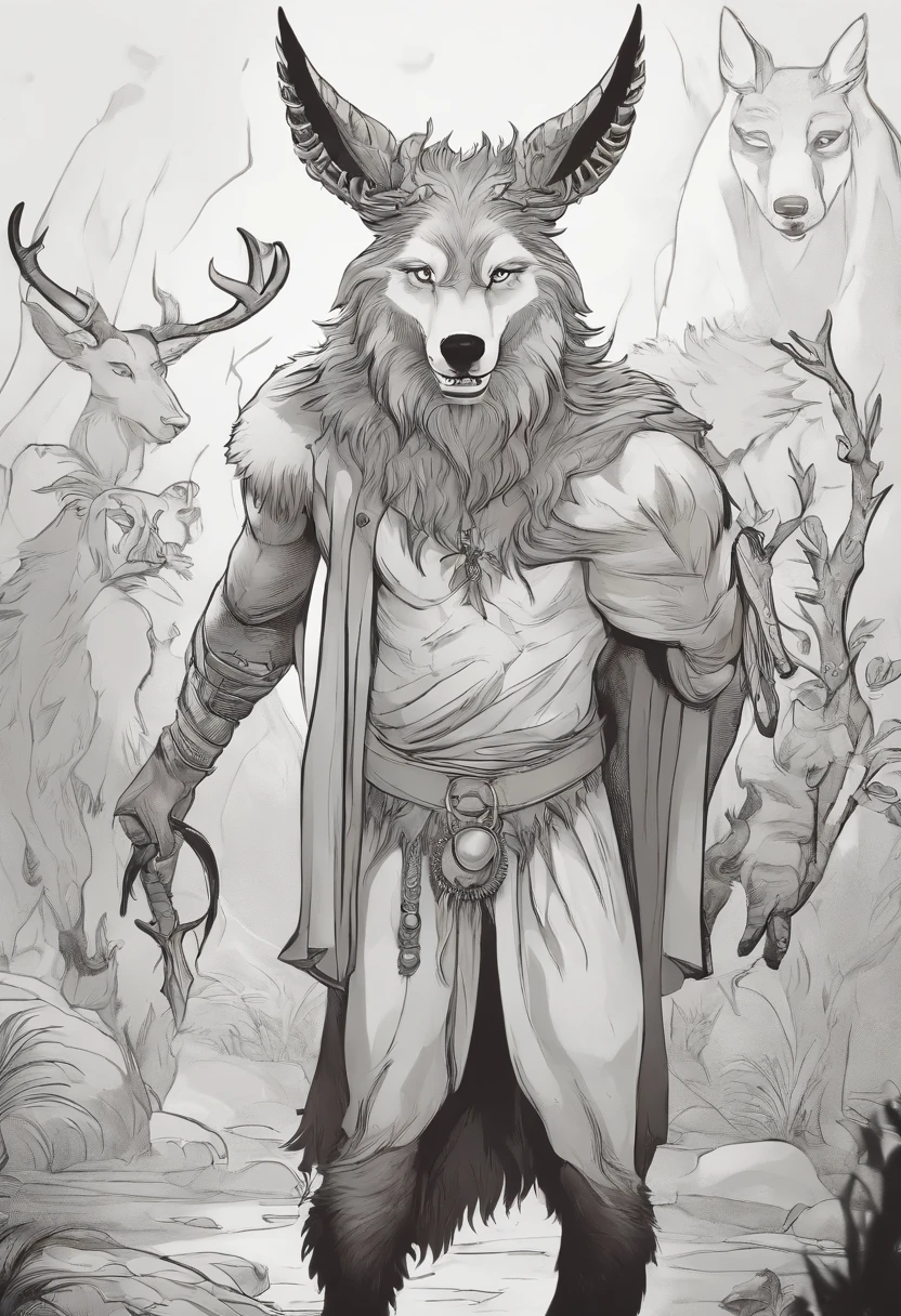 a cartoon image of a wolf with horns and a tail, wendigo, the wendigo, a minotaur wolf, a humanoid mosquito wolf, an anthropomorphic wolf, a humanoid thistle monster, an anthropomorphic deer, male djinn man demon hybrid, madness creature, spiritual cryptid, anthropomorphic creature, a mythical creature