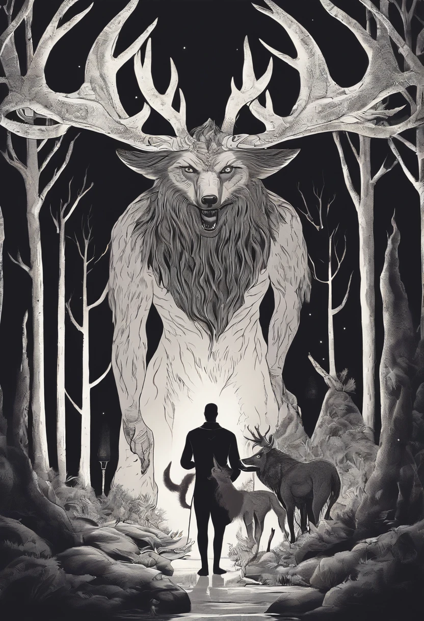 a cartoon image of a wolf with horns and a tail, wendigo, the wendigo, a minotaur wolf, a humanoid mosquito wolf, an anthropomorphic wolf, a humanoid thistle monster, an anthropomorphic deer, male djinn man demon hybrid, madness creature, spiritual cryptid, anthropomorphic creature, a mythical creature
