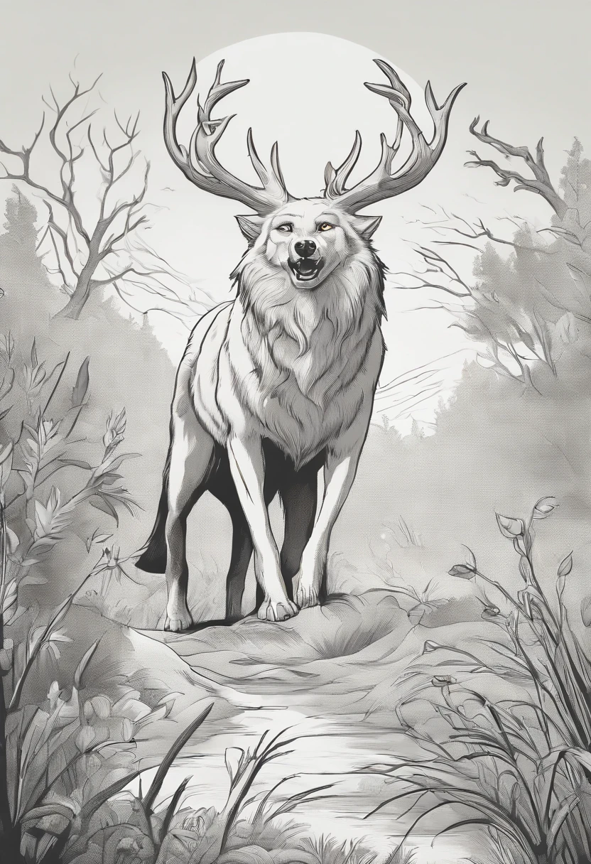 a cartoon image of a wolf with horns and a tail, wendigo, the wendigo, a minotaur wolf, a humanoid mosquito wolf, an anthropomorphic wolf, a humanoid thistle monster, an anthropomorphic deer, male djinn man demon hybrid, madness creature, spiritual cryptid, anthropomorphic creature, a mythical creature