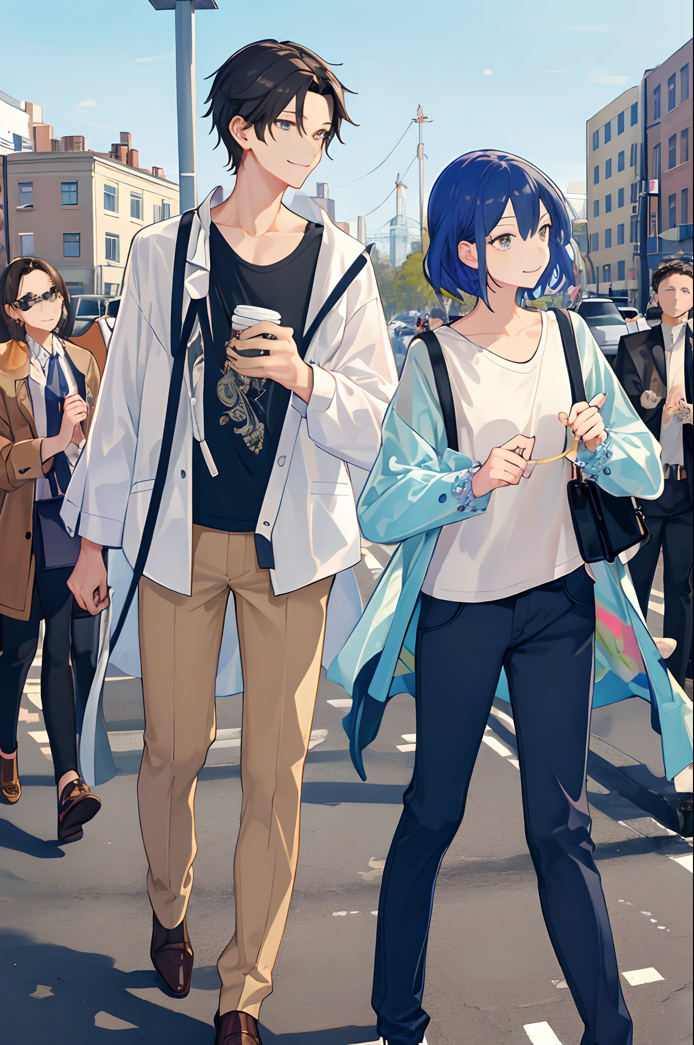 masterpiece, top-quality, 2Others, a couple, 1 man and 1, Adults, Same length, different fashion, different color, finely eye and detailed face, intricate detailes, Casual clothing, Oversized shirt, Modern urban streets, Hands on back, A smile, Happiness, tenderness