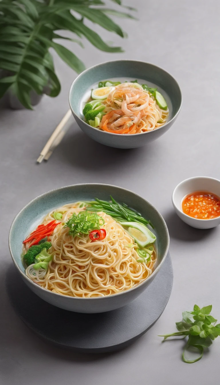 Noodles are placed on the middle platform,The space environment is surrounded by flowers and plants, And the perspective is horizontal
