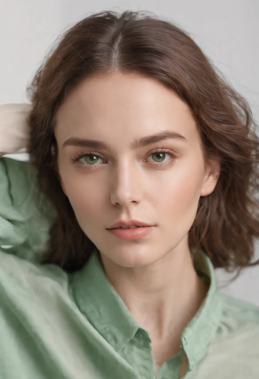 Portrait of a woman wearing a green oversized shirt, white background, model studio, photography, stunning style