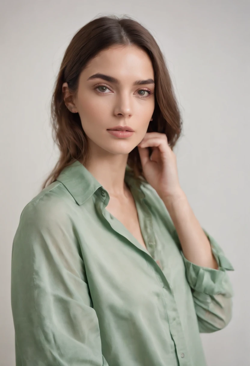 Portrait of a woman wearing a green oversized shirt, white background, model studio, photography, stunning style