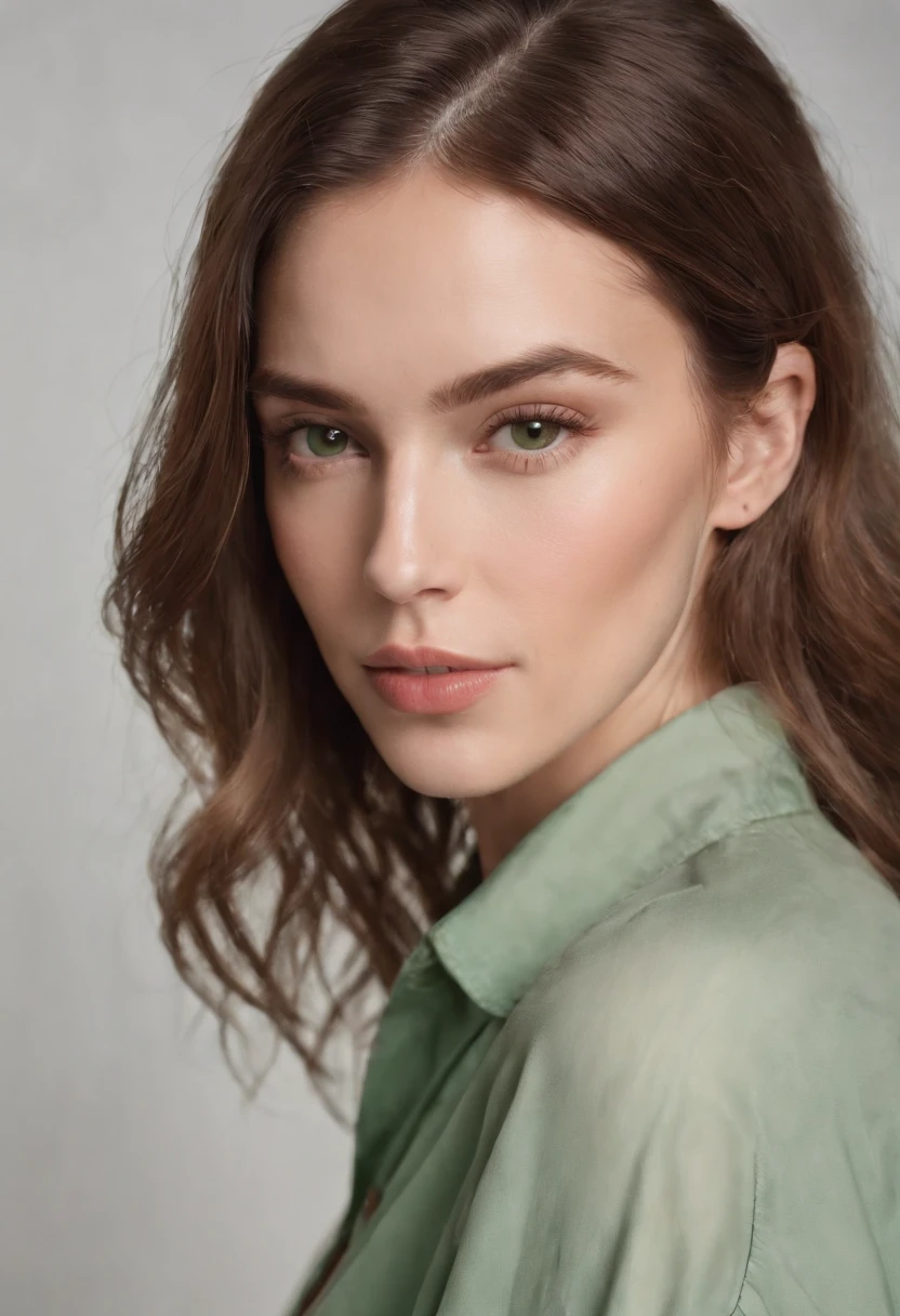 Portrait of a woman wearing a green oversized shirt, white background, model studio, photography, stunning style