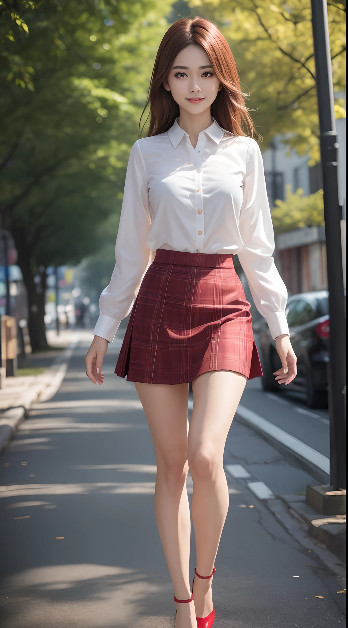 8k, masterpiece, RAW photo, best quality, photorealistic, extremely detailed CG unity 8k wallpaper, Depth of field, Cinematic Light, Lens Flare, Ray tracing, (extremely beautiful face, beautiful lips, beautiful eyes), intricate detail face, ((ultra detailed skin)) 1girl, in the dark, deep shadow, pretty asian girl, 1 girl, (very slim slender fit-muscled body:1.3), ((looking at viewer)),(big smile:1.3), (short skirt ), (red mini skirt ), pantyhose, clear eyes, walking , front shot, (pale skin), (big eyes), face forward, (red shirt), (brown hairs), ((laced blouse)),,(looking at viewer:1.3) very slim, medium breasts, stockings, street, buildings, tree, sunny, (plaid skirt), (high heels), gentle skirt