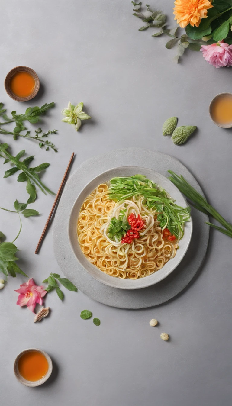 The noodles are placed on an intermediate platform,The space environment is surrounded by flowers and plants,