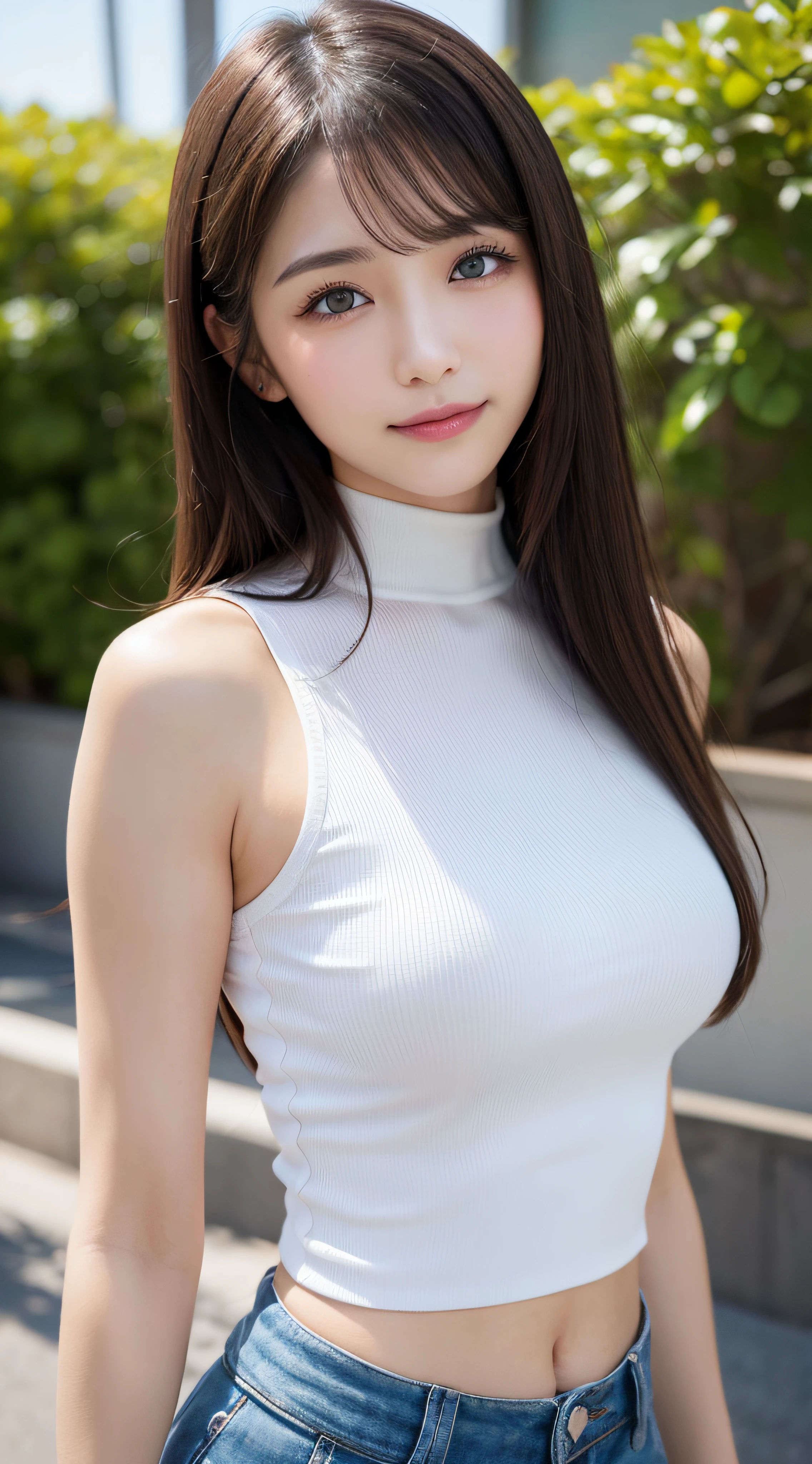 masutepiece, Best Quality, Photorealsitic, finely detail, hight resolution, 8K Wallpapers, Perfect dynamic composition, Beautiful detailed eyes, Medium Hair, large full breasts, Random and sexy poses,Bring your chest together、(See-through Mock Neck Crop Tank Top White)、Cleavage looks realistic)、(Breast bulge 1.2)、A smile、open open mouth、Resort scenery、25-years old、(Drooping eyes 1.4)、Adult beauty、japanes