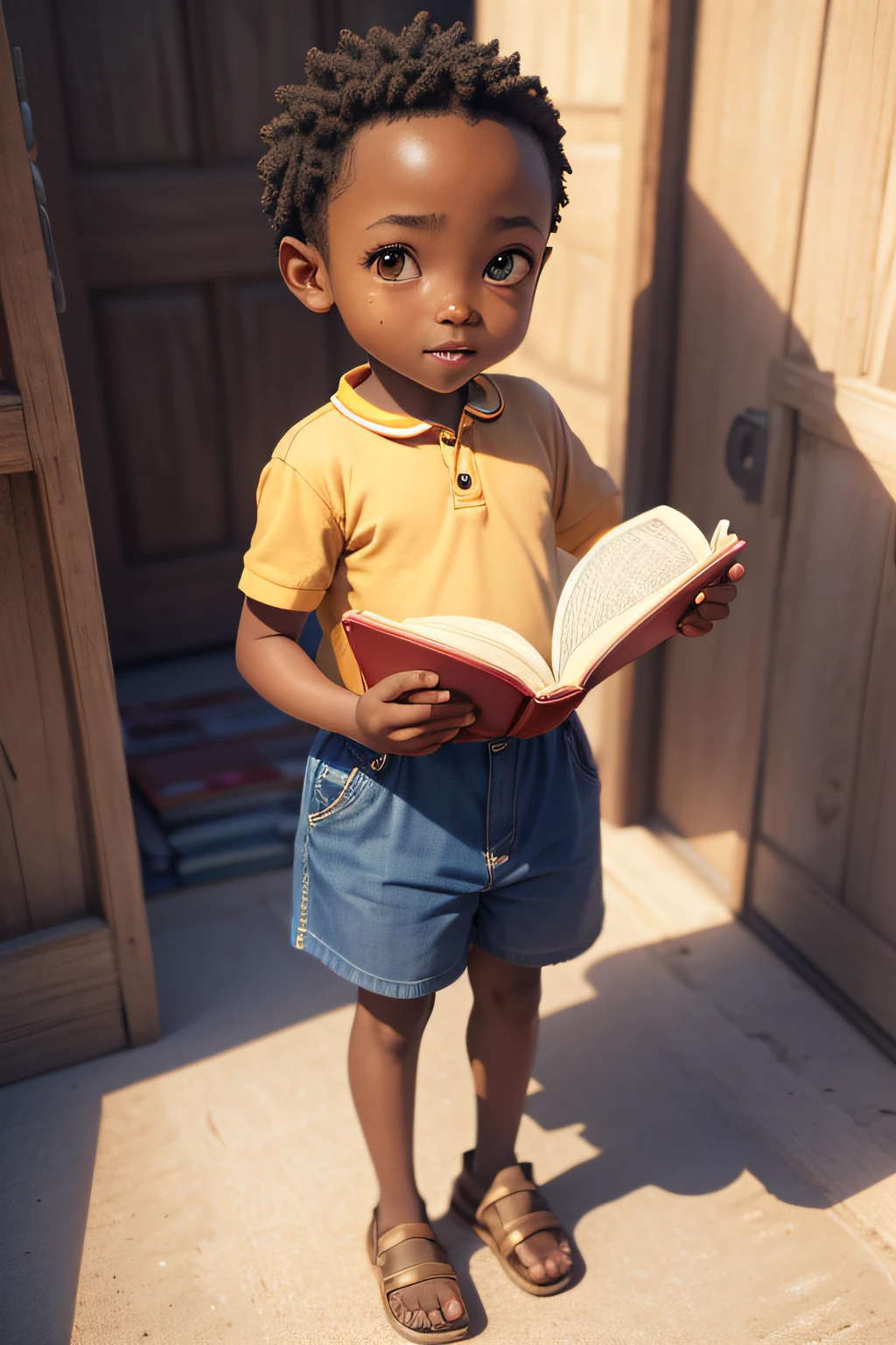 A cute 6  african kid is standing and reading, hand holding an open book, happy expression, full length shot, with clear facial features, big eyes, depth of field, natural light, Pixar style 3d characters, cartoon style, c4d, octane rendering, ultra high definition, 8k,