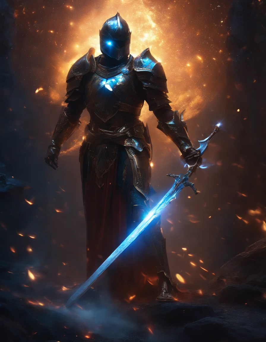 Cosmic Fallen Knight, olhos claros brilhante, estranho, assustador, cores muito brilhantes, light particles, com luz brilhante, Mshiff, Arte do papel de parede, Papel de parede UHD, artistic, intrincado