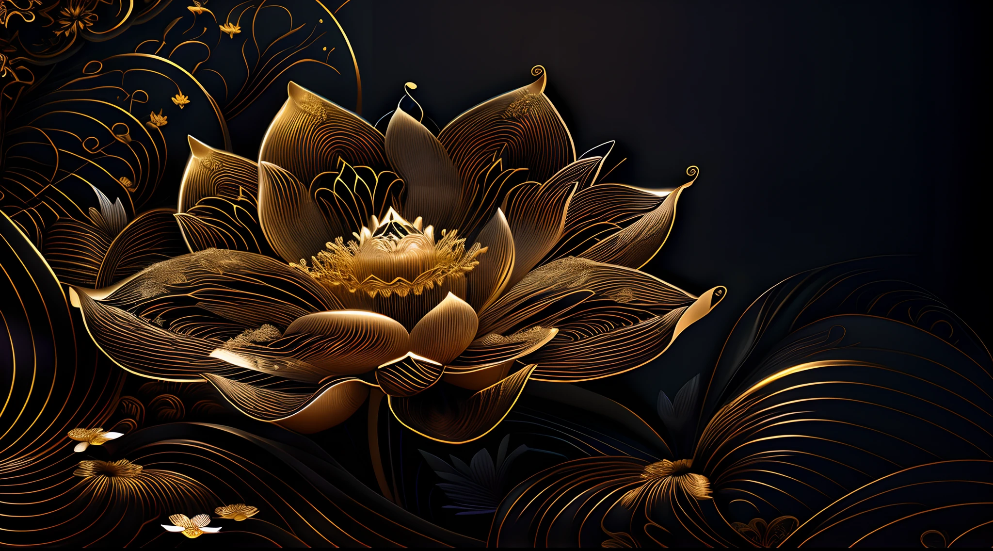 there is a gold flower on a black background with waves, lotus, glowing delicate flower, lotus flower, delicate detailing golden stroke, gold flowers, intricate gold elements, with lotus flowers, intricate gold linework, exquisite line art, gold detailed line work, black lotus, intricate flower designs, lotus petals, ultra intricate, intricate golden threads, intricate 3 d illustration