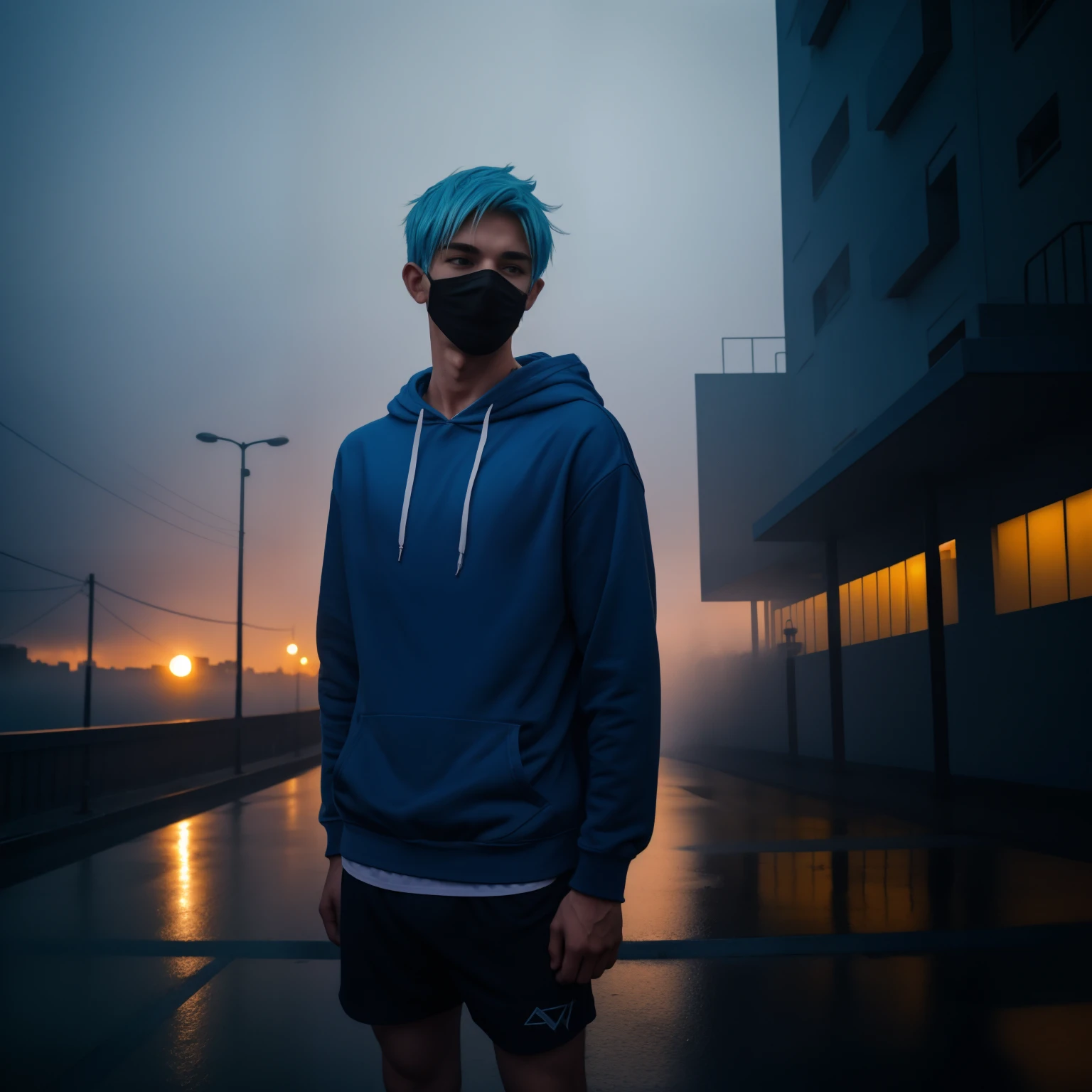Teen male posing, skinny body, city, atmospheric, cute face, blue white hair, mask, dead inside, yellow hoody, dark lighting, tight boxers, bokeh, background blur, rain, fog, sunset