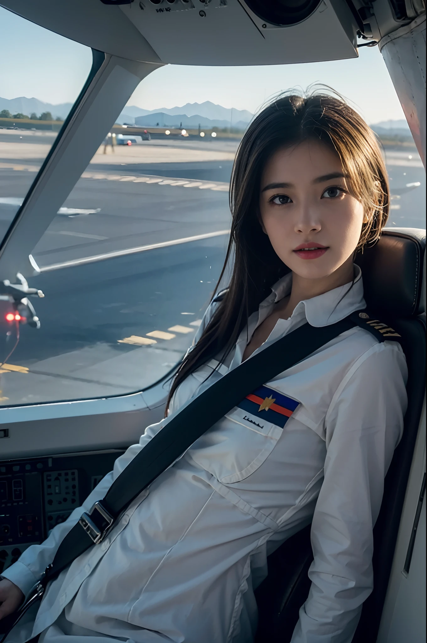 Female Pilots、in an airplane cockpit、(((top-quality, ​masterpiece))), (((ighly detailed)))