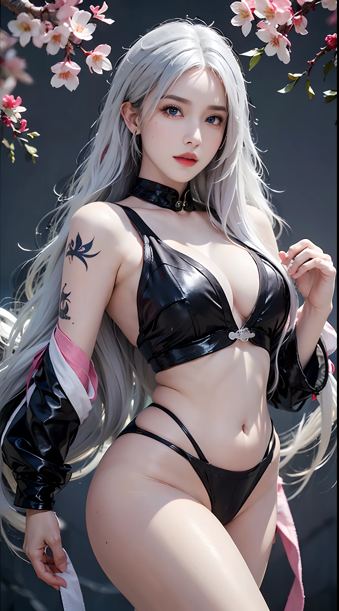 photorealistic, high resolution, soft lights, 1women, solo, hips up, blue eyes, white hair, long hair, blue eyes, red lips, closed mouth, jewelry, kungfu clothes, tattoo, cherry blossom