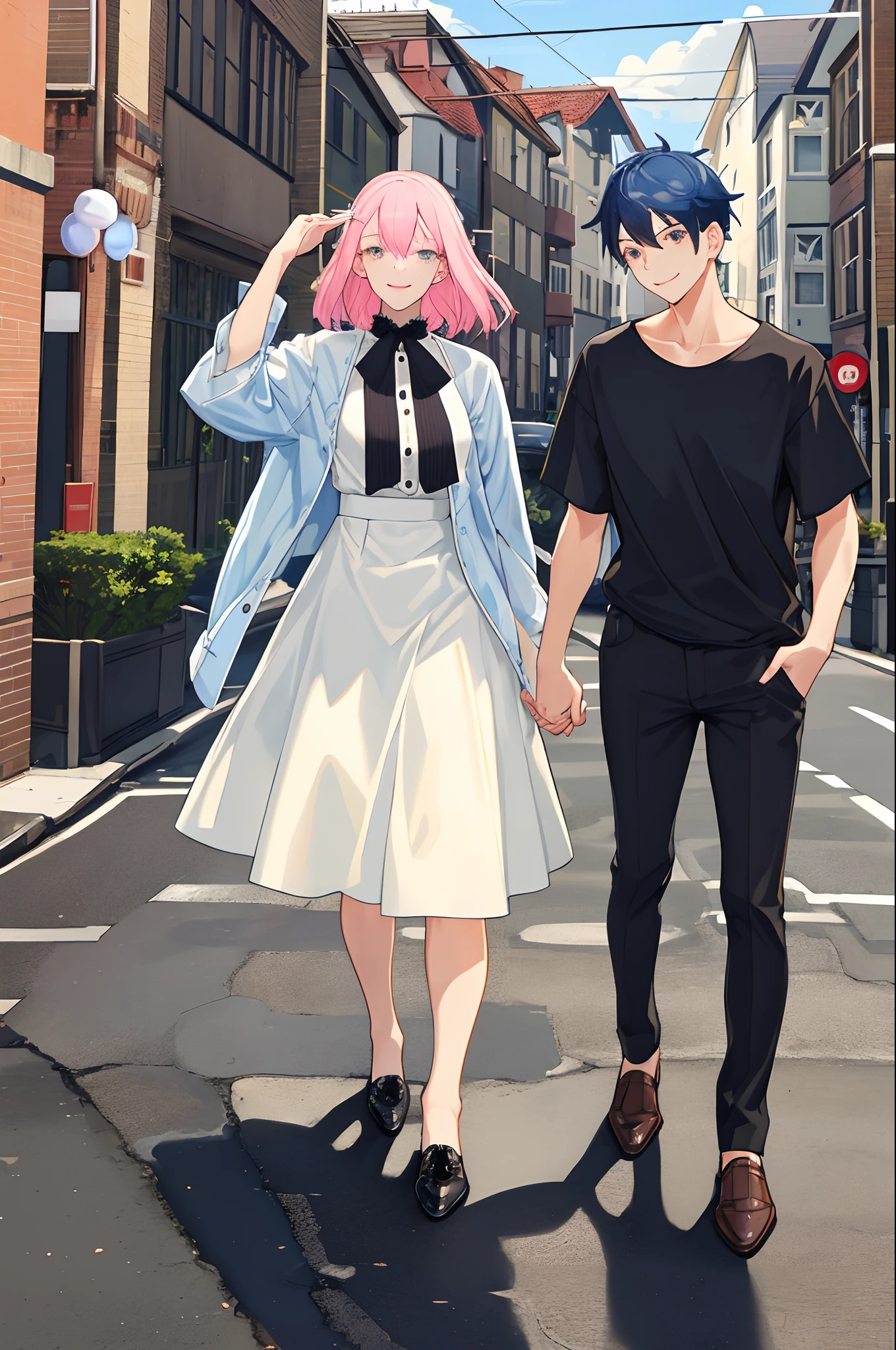 masterpiece, top-quality, 2Others, a couple, 1 man and 1, Adults, Same length, different fashion, different color, finely eye and detailed face, intricate detailes, Casual clothing, Oversized shirt, Modern urban streets, Hands on back, A smile, Happiness, tenderness