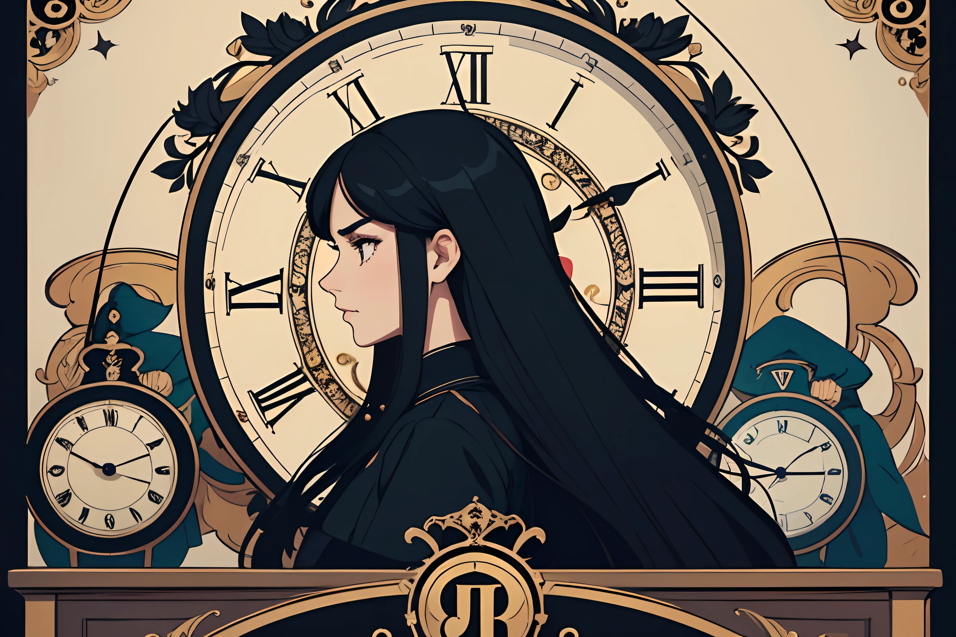 beautiful and asethetic, masterpiece, movie poster, best quality, drawing of a side view of a long black haired woman with a high collared black long sleeved victorian dress dramatic pose in front of large clocks, bright colors, by james jean style, fantastical elements