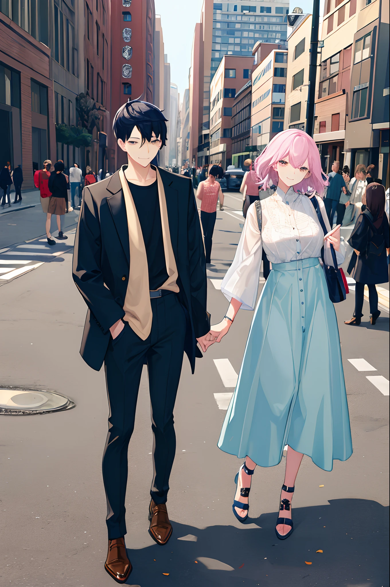 masterpiece, top-quality, 2Others, a couple, 1 man and 1, Adults, Same length, different fashion, different color, finely eye and detailed face, intricate detailes, Casual clothing, Oversized shirt, Modern urban streets, Hands on back, A smile, Happiness, tenderness