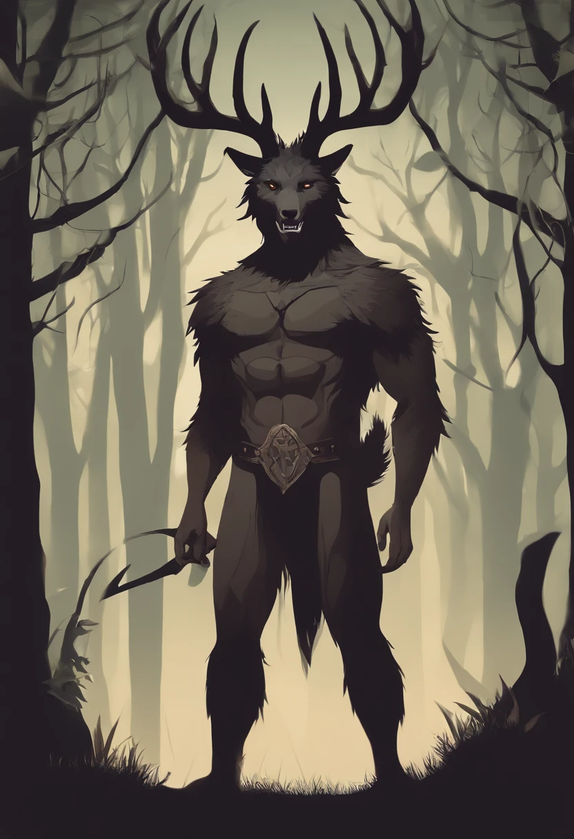 a cartoon image of a wolf with horns and a tail, wendigo, the wendigo, a minotaur wolf, a humanoid mosquito wolf, an anthropomorphic wolf, a humanoid thistle monster, an anthropomorphic deer, male djinn man demon hybrid, madness creature, spiritual cryptid, anthropomorphic creature, a mythical creature