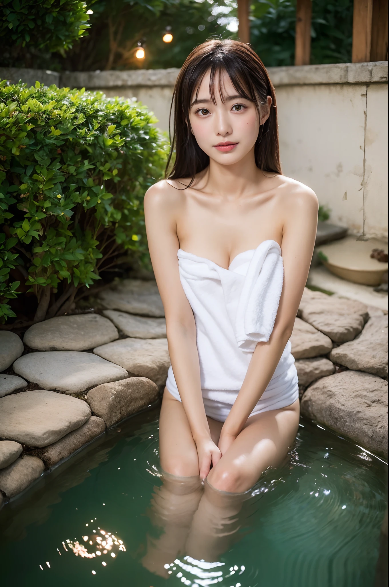 (natta:1.7), East Asian Architecture, 1womanl,Sitting on tatami mats, brunette color hair,(hair between eye), Lip flap, (sixteen years old:1.3),(Beautiful shiny straight short long:1.3),Beautiful fingers,Beautiful long legs,Beauty Body,Cute nose,Beautiful character design,perfect eyes,face perfect,looking at viewert,(Innocent_Big_Eyes:1.0),(light_Smile:0.3),offcial art,Very detailed CG Unity 8K wallpaper、Bright_front_Face_Lighting,(tmasterpiece:1.0),(best_quality:1.0), 超A high resolution,4K,ultra - detailed, photography of, 8K, nffsw, hight resolution, absurderes:1.2, Kodak Portra 400, film grains, Lens Flare Glow, (Beautiful_Face:1.5),8K,Raw photo, 、Relax at a hot spring ryokan in Japan、(The subject is the first hot spring trip with a girl:1.3) (Draw an open-air bath more widely:1.2) (Girls are not subjects:1.3) The rooms in the inn are cluttered (Girl Standing On Balcony:1.3) (Hair after a bath:1.3),((????? with a small handkerchief towel beside him:1.3)) ,(Hair is wet:1.3),((Beautifully depicts depth and width:1.3)),((The open-air bath is surrounded by Japan garden and large rocks, With just two small lights.:1.3)),((You can see the beautiful starry sky:1.3))(Hide your sexual zones with a small handkerchief towel in the open-air bath:1.2)(Girls are not subjects:1.3),((white tender skin:1.3)),(((Full body like:1.3))(We have prepared beds for SEX:1.2)Girl is in bed naked((The open-air bath is a mountain stream open-air bath at night without a bathtub surrounded by large natural stones and forests.......:1.6))