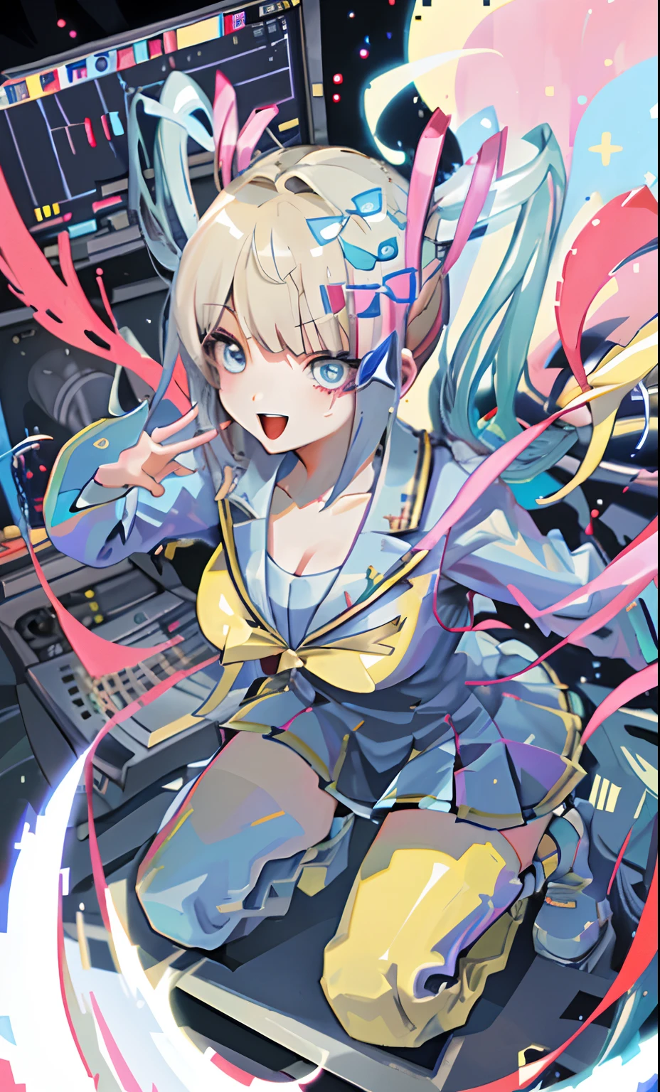 busty figure,laughingly,Brilliant,smooth thigh,dual horsetail,Computer,Pixel wind,ultra-wide-angle,Big perspective,Leave the computer,Powerful graphics,Computer icon,angelicales