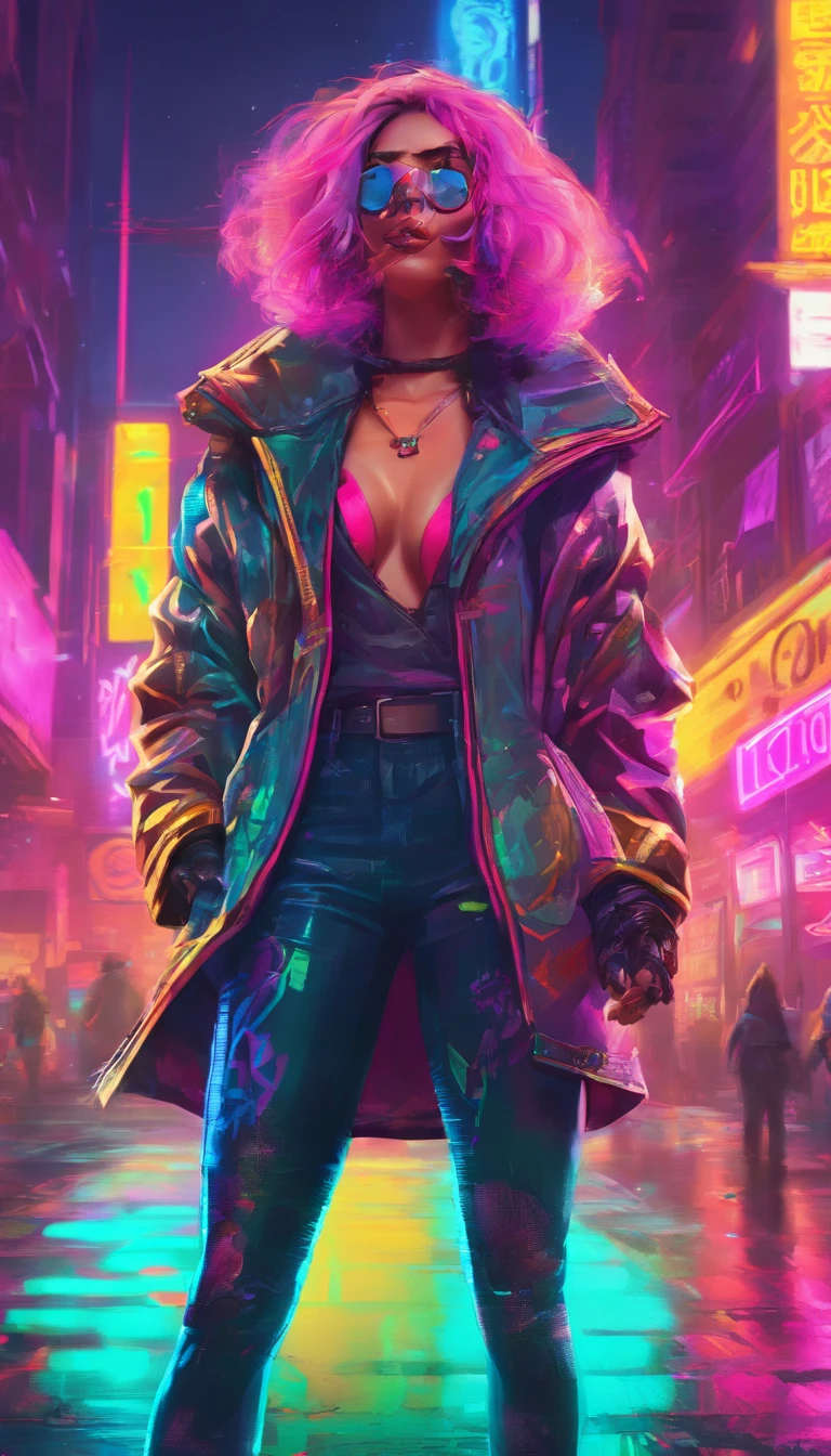 a woman dressed in a trendy coat in the city, cyberpunk, 2d game art, detailed character expressions, close up, in the style of soft brushstroke realism, dark and neon colors,  ::1 cleavage ::-0.5 --ar 2:3 --no cleavage