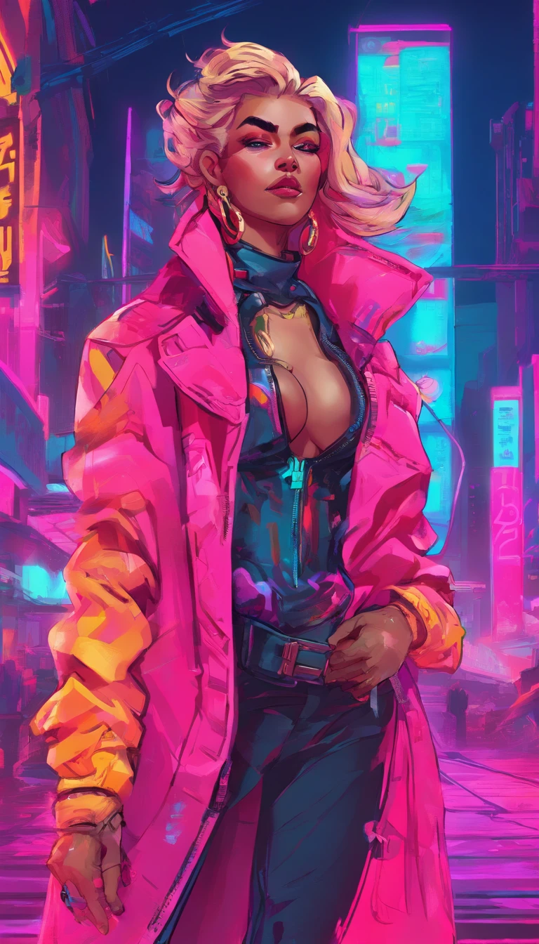 a woman dressed in a trendy coat in the city, cyberpunk, 2d game art, detailed character expressions, close up, in the style of soft brushstroke realism, dark and neon colors,  ::1 cleavage ::-0.5 --ar 2:3 --no cleavage