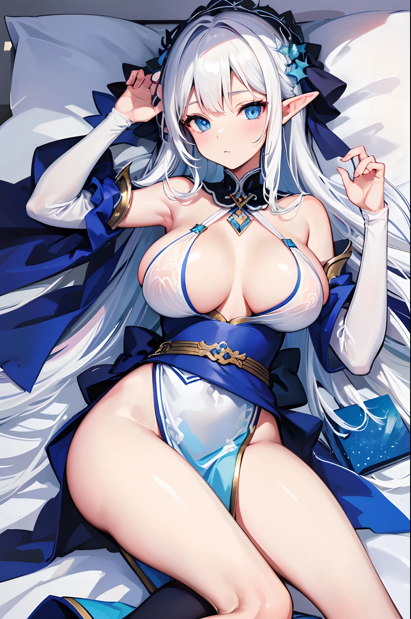 best quality, high_resolution, distinct_image, detailed background ,elf girl with white hair, blue eyes, big boobs, laying on the bed