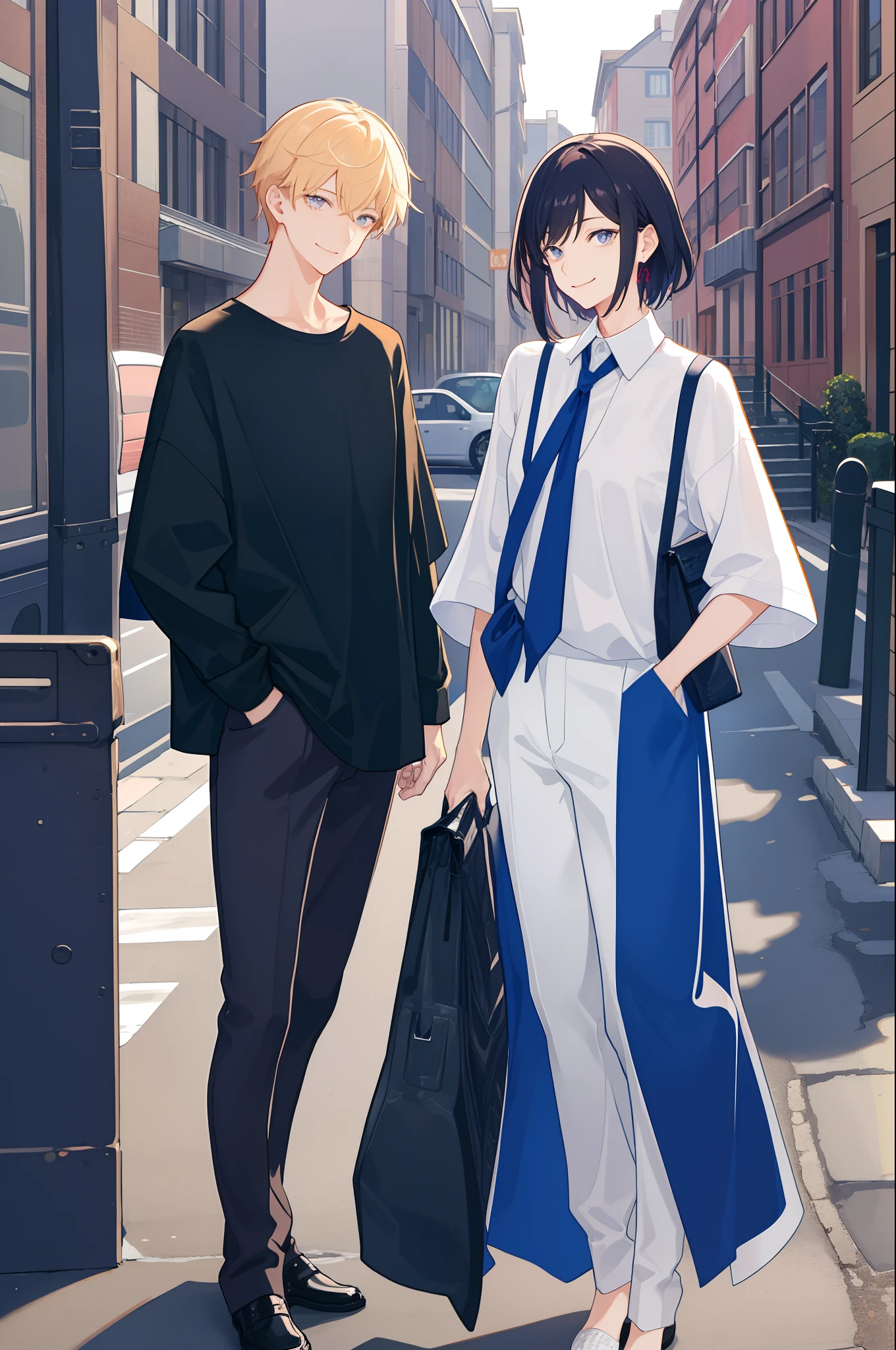 ​masterpiece, top-quality, 2others, a couple, 1 man and 1, Adults, Same length, different fashion, different color, finely eye and detailed face, intricate detailes, Casual clothing, Oversized shirt, Modern urban street, Hands on back, a smile, happiness, tenderness