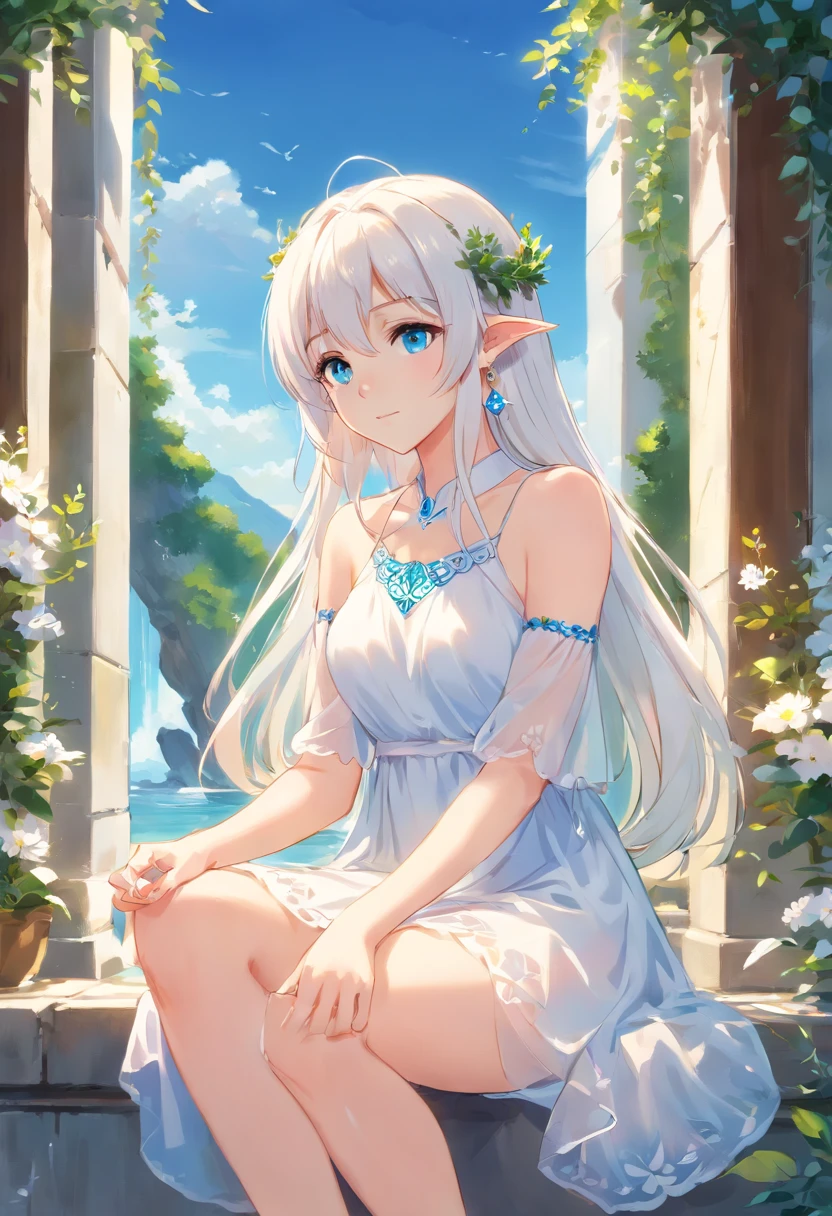 Elf Girl, white hair, long hair, blue eyes, earrings, sit, white Greece dress, translucent dress, wreath, barefoot, ankle bracelets