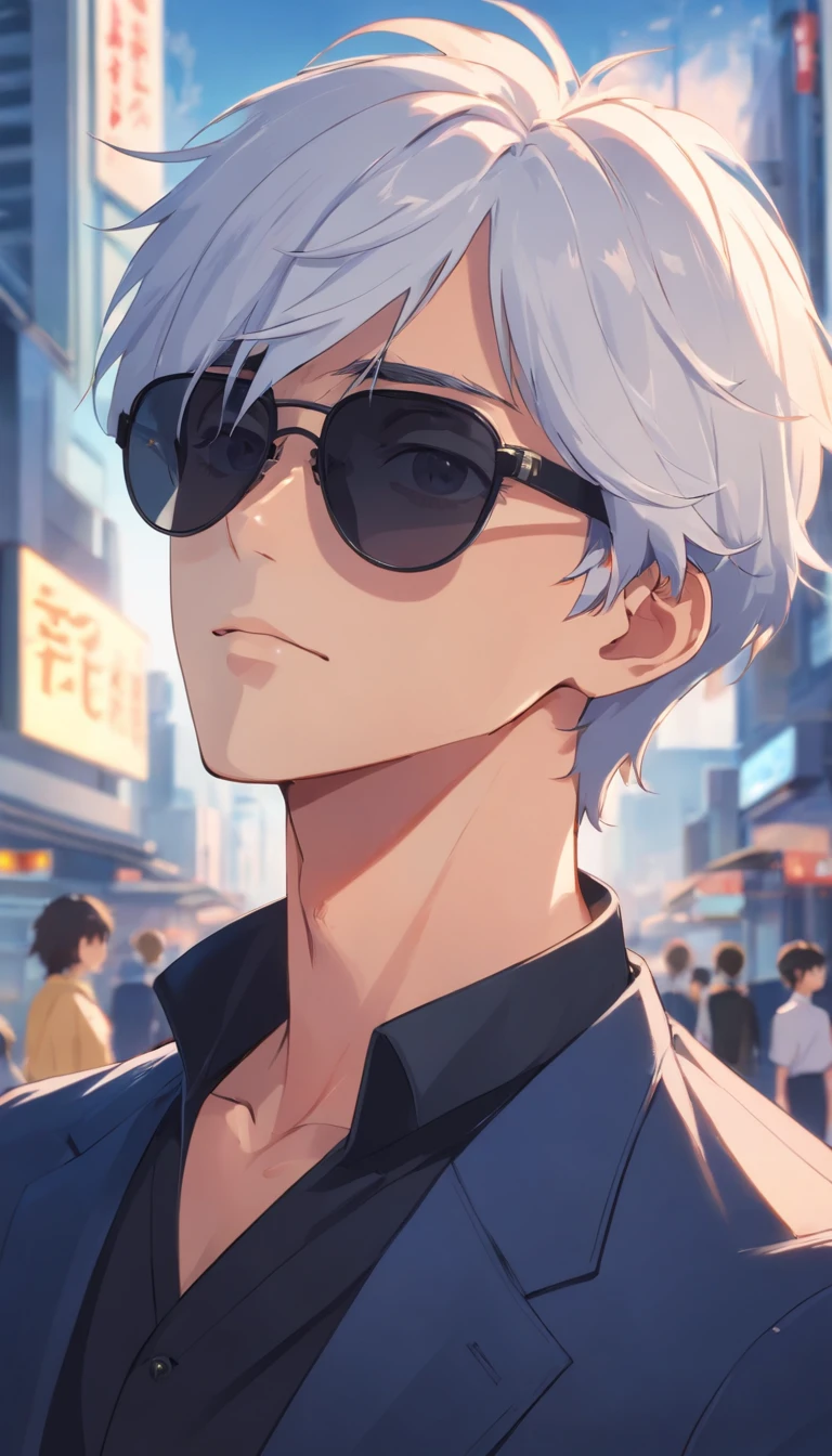 Handsome guy with white hair、Wear black sunglasses,eyes are blue,Wear a black stand-up collar uniform,Dramaticlight、film effect