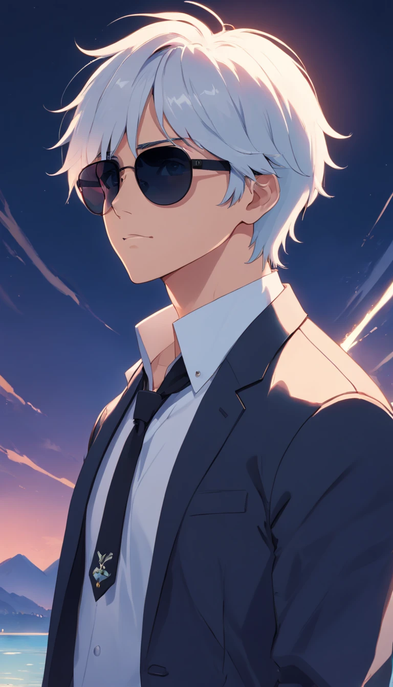 Handsome guy with white hair、Wear black sunglasses，eyes are blue，Wear a black stand-up collar uniform，Dramaticlight、film effect