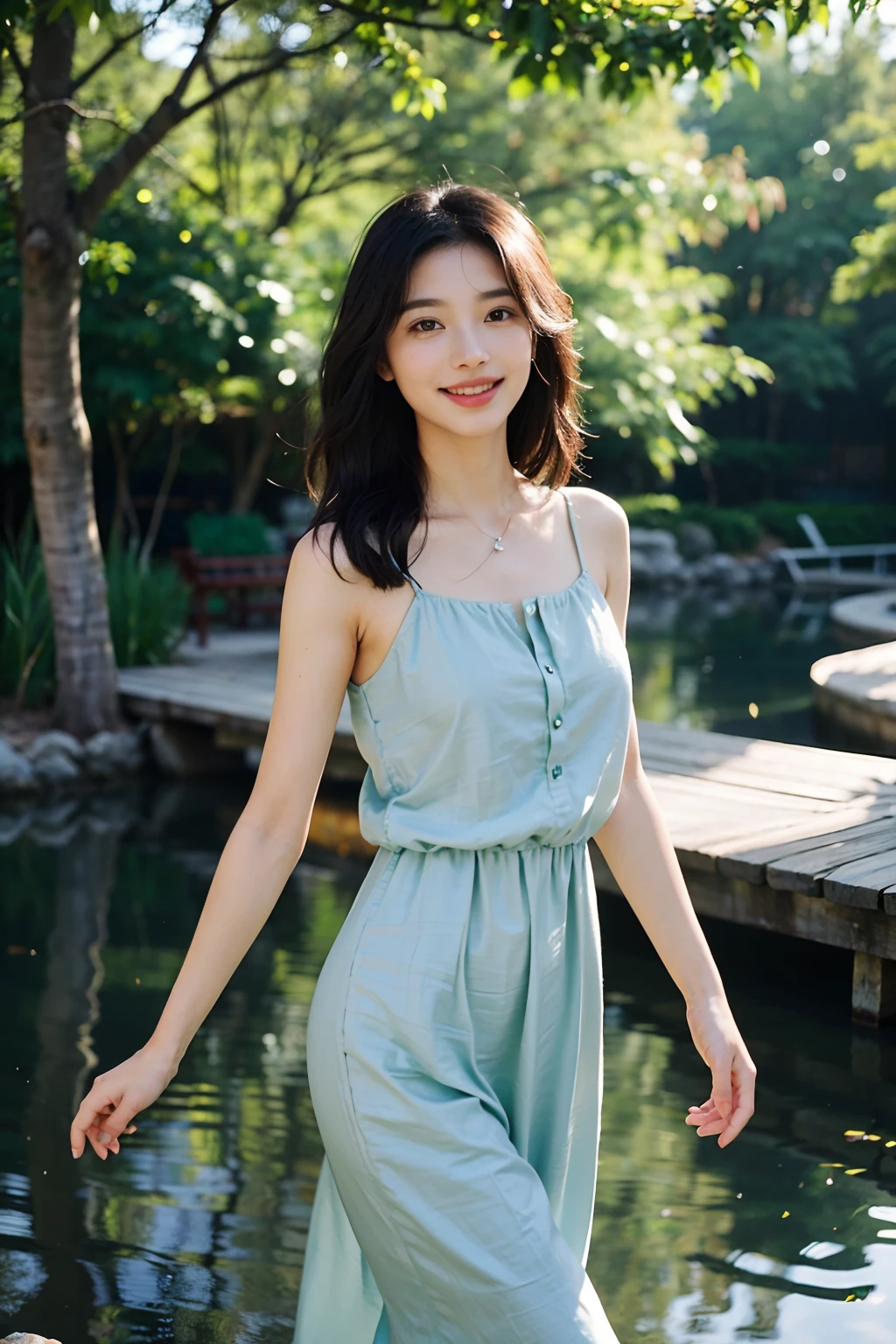 She stands gracefully by a tranquil pond, surrounded by lush vegetation. Her stature is medium, about 1.65 meters, giving her an slender yet sturdy appearance. Ebony-black hair cascades down to her shoulders, framing a delicate face with fine features. Her eyes are a deep green, reminiscent of summer leaves.
She wears a light pastel-colored dress that gently sways in the breeze. Her posture exudes natural grace, every movement is fluid and measured. Elegance permeates every gesture, and her gentle smile brightens her face, bringing out the mischievous sparkle dancing in her eyes.
Her complexion is delicately pale, almost akin to porcelain, which contrasts beautifully with her dark hair. A light freckle adorns the bridge of her nose, adding a touch of charm to her countenance.
Around her neck, she wears a finely wrought silver pendant, adorned with a precious gem of deep blue that seems to capture the sunlight. Her hands are slender, fingers nimble, suggesting artistic or artisanal skill.
In the tranquil air around her, one can perceive the gentle scent of wildflowers carpeting the ground near the pond. A light breeze delicately lifts strands of her hair, creating an almost magical aura around her.
She smiles. Her face lights up with a sweet and warm smile that brightens her features. The joyful glint in her eyes accompanies this smile, giving her a welcoming and kind presence. It's as if a ray of sunshine has found refuge in her expression, adding a touch of light to her graceful presence.
---