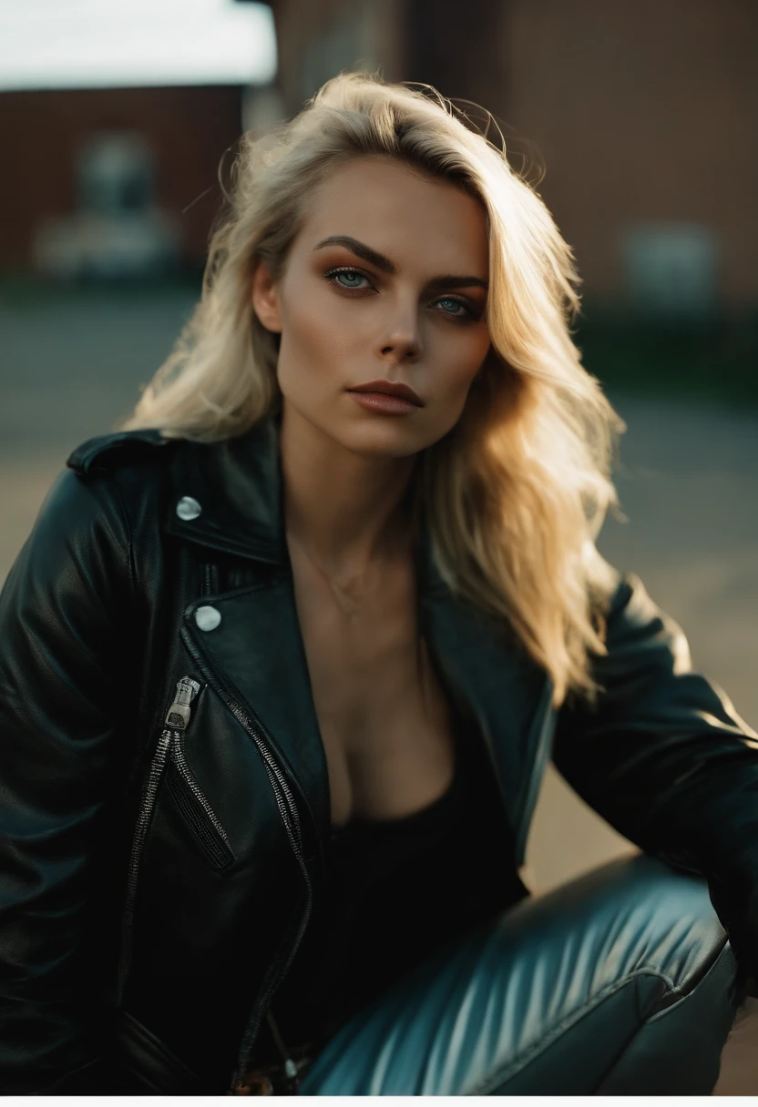 leather jacket, leather pants, black metal, heavy metal, eyes squinting, leaning forward, woman, cinematic lighting, sun, blond hair, attractive, Kodak portra 800, polaroid photo